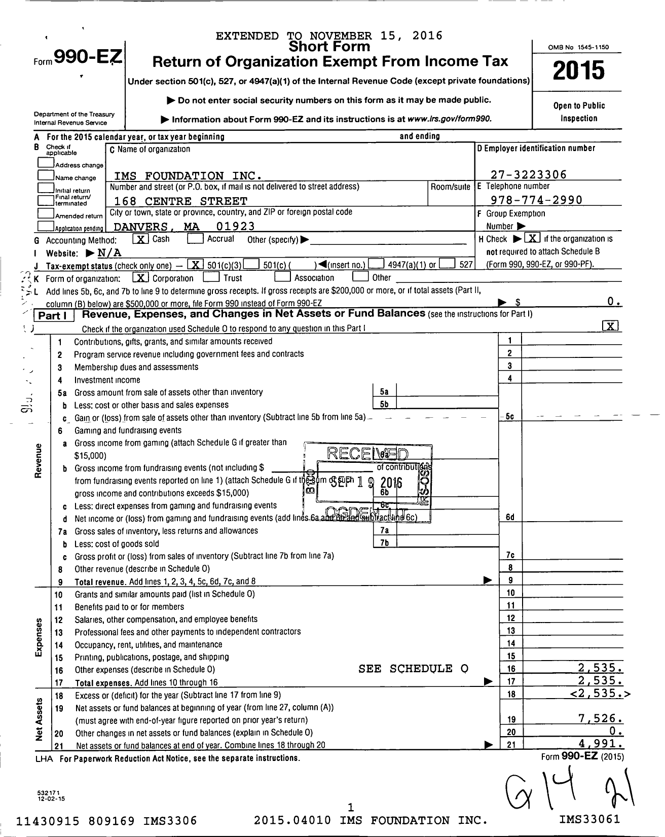 Image of first page of 2015 Form 990EZ for Ims Foundation / Copley Foundation