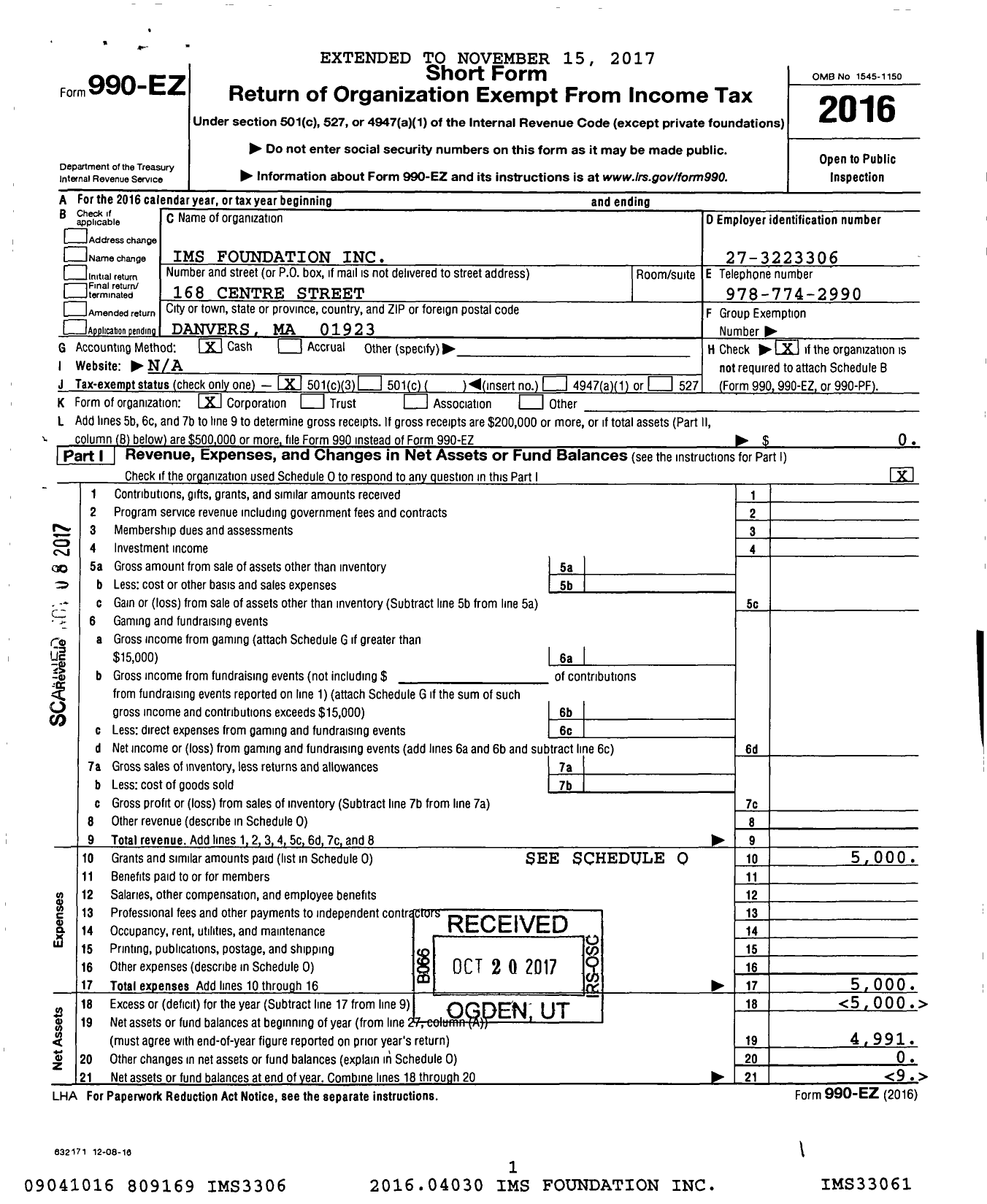 Image of first page of 2016 Form 990EZ for Ims Foundation / Copley Foundation