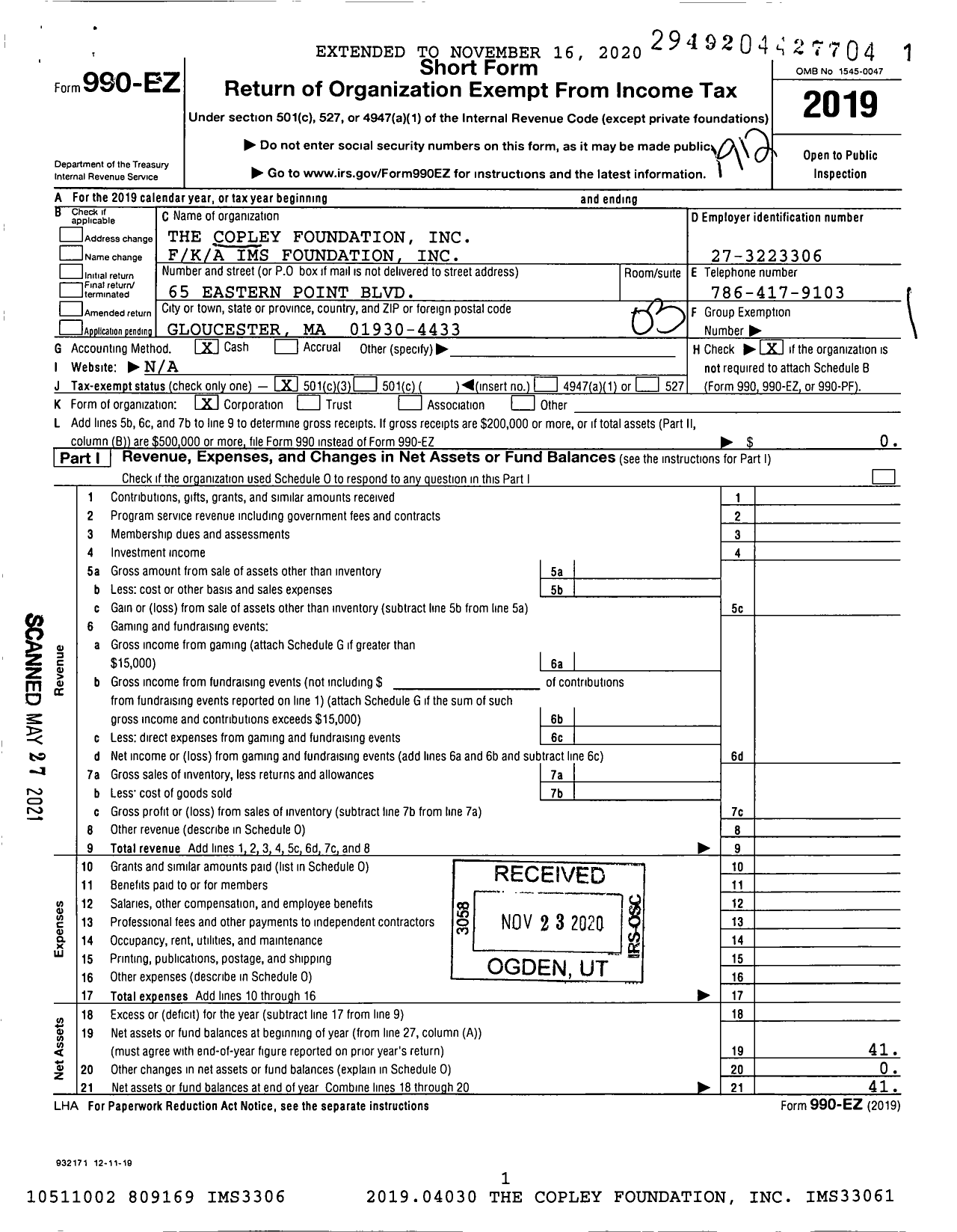 Image of first page of 2019 Form 990EZ for Ims Foundation / Copley Foundation