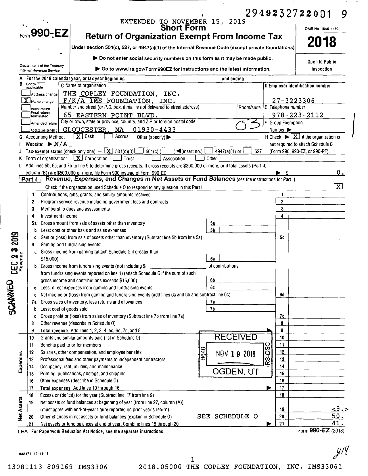 Image of first page of 2018 Form 990EZ for Ims Foundation / Copley Foundation