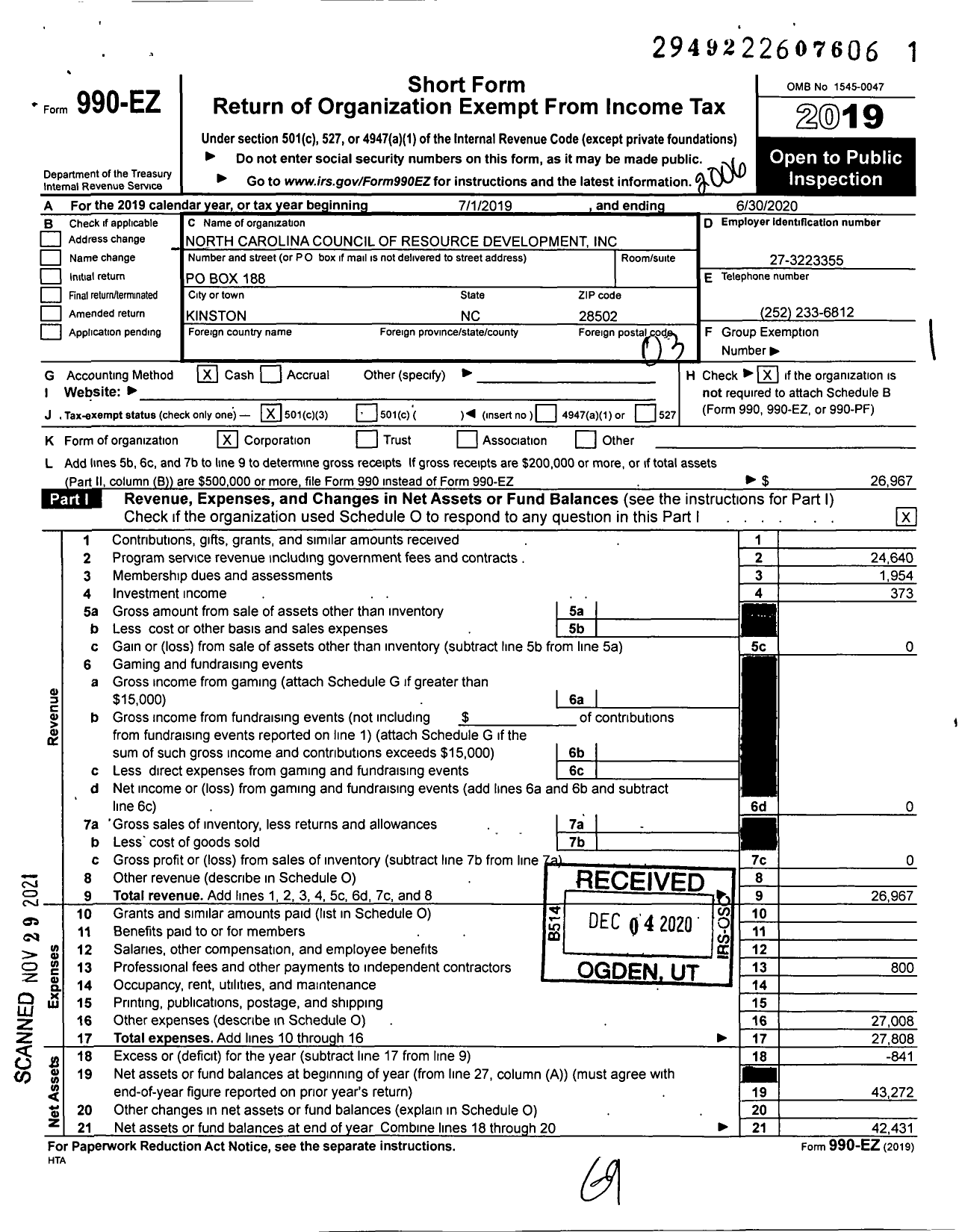 Image of first page of 2019 Form 990EZ for North Carolina Council of Resource Development