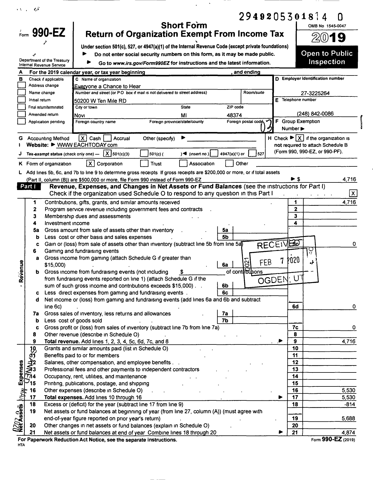 Image of first page of 2019 Form 990EZ for Everyone a Chance to Hear