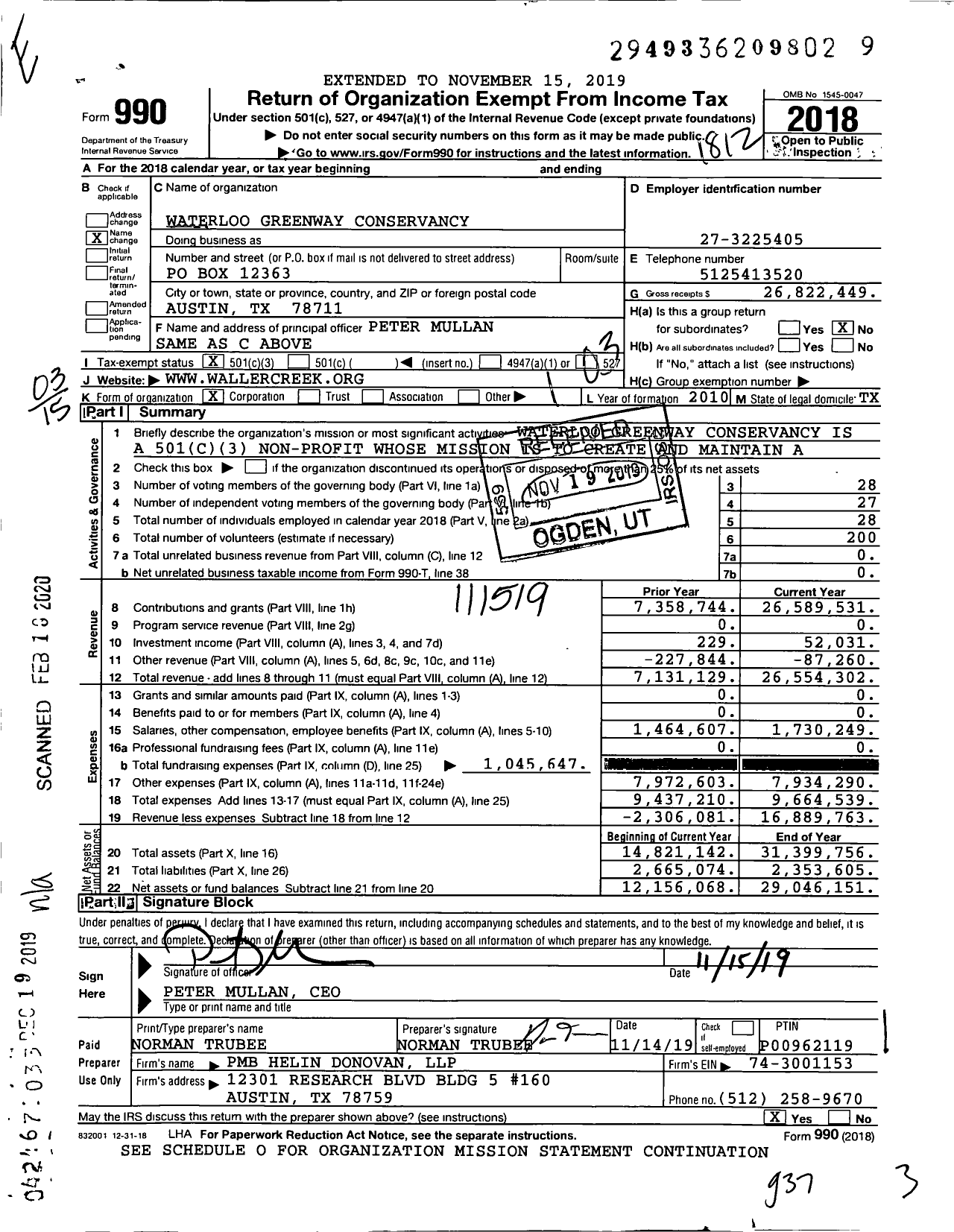 Image of first page of 2018 Form 990 for Waterloo Greenway Conservancy