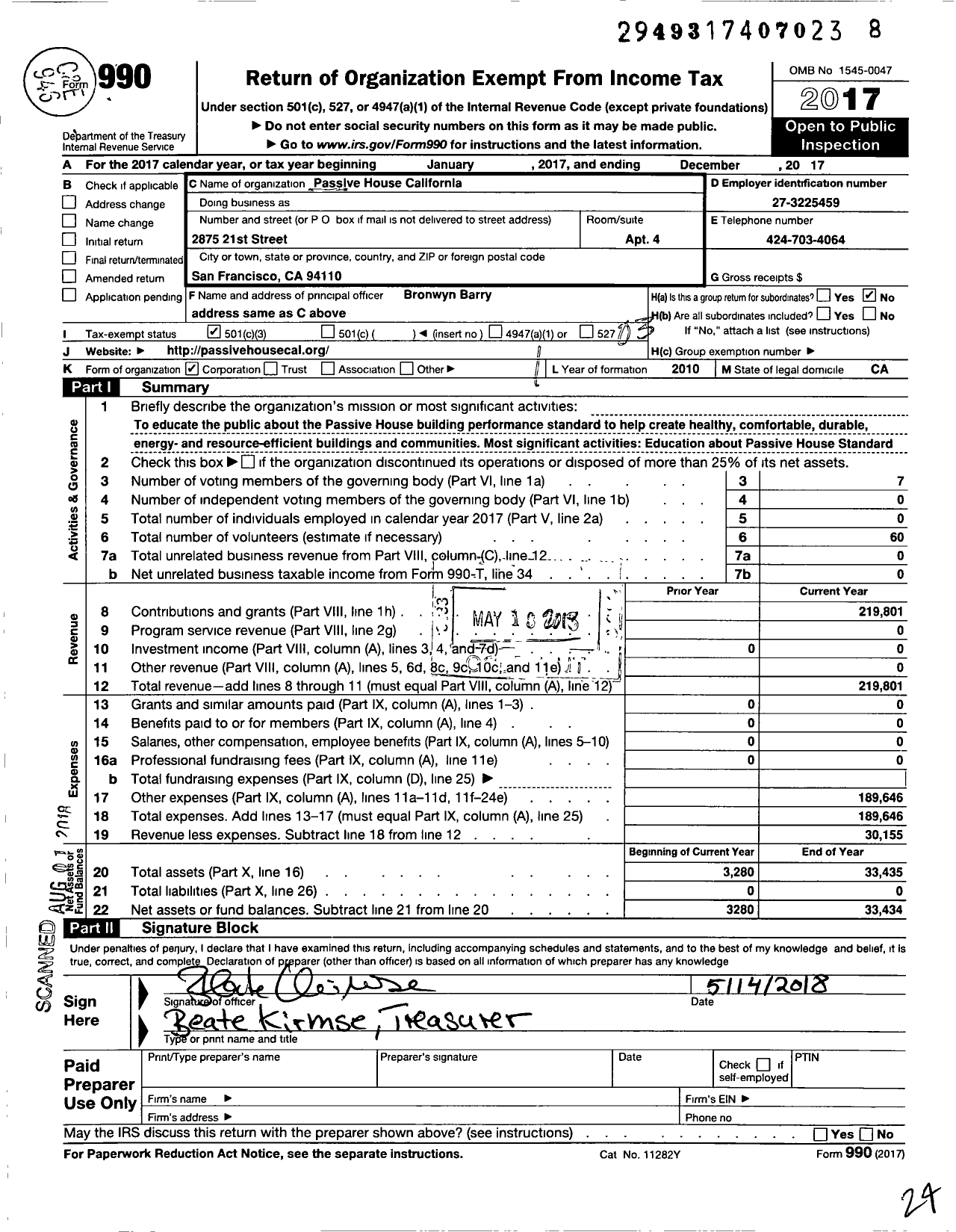 Image of first page of 2017 Form 990 for Passive House California