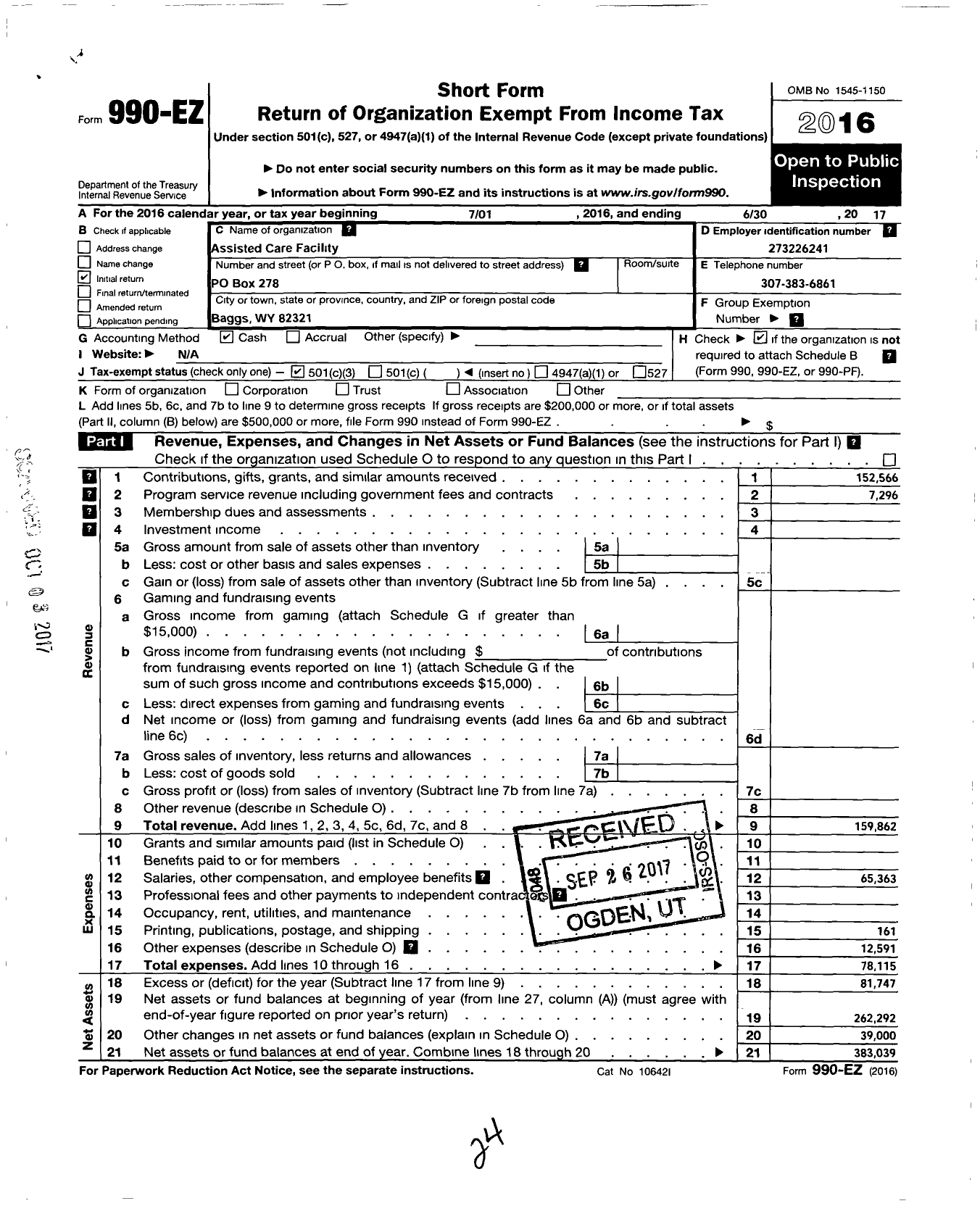 Image of first page of 2016 Form 990EZ for Assisted Care Facility