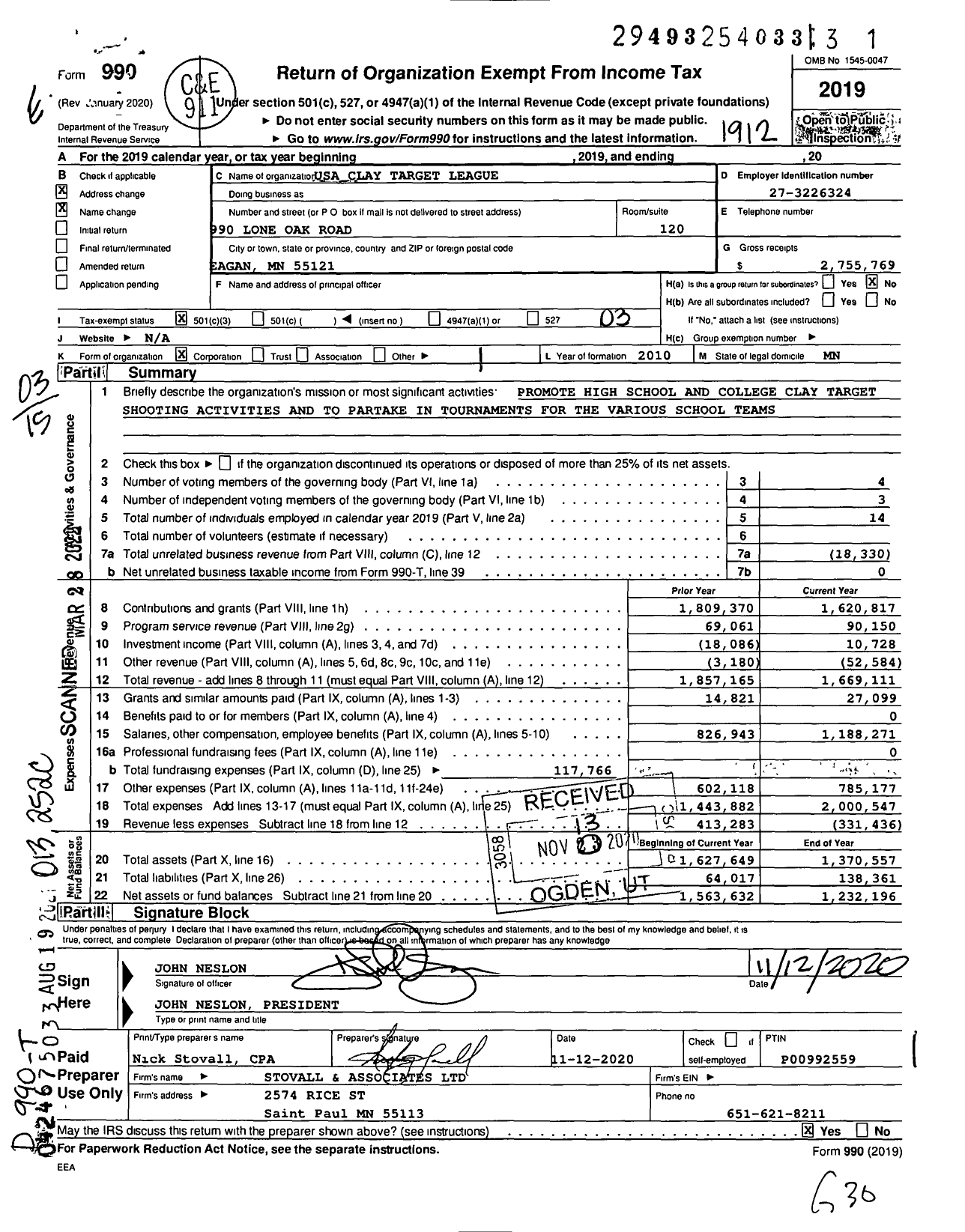 Image of first page of 2019 Form 990 for USA Clay Target League