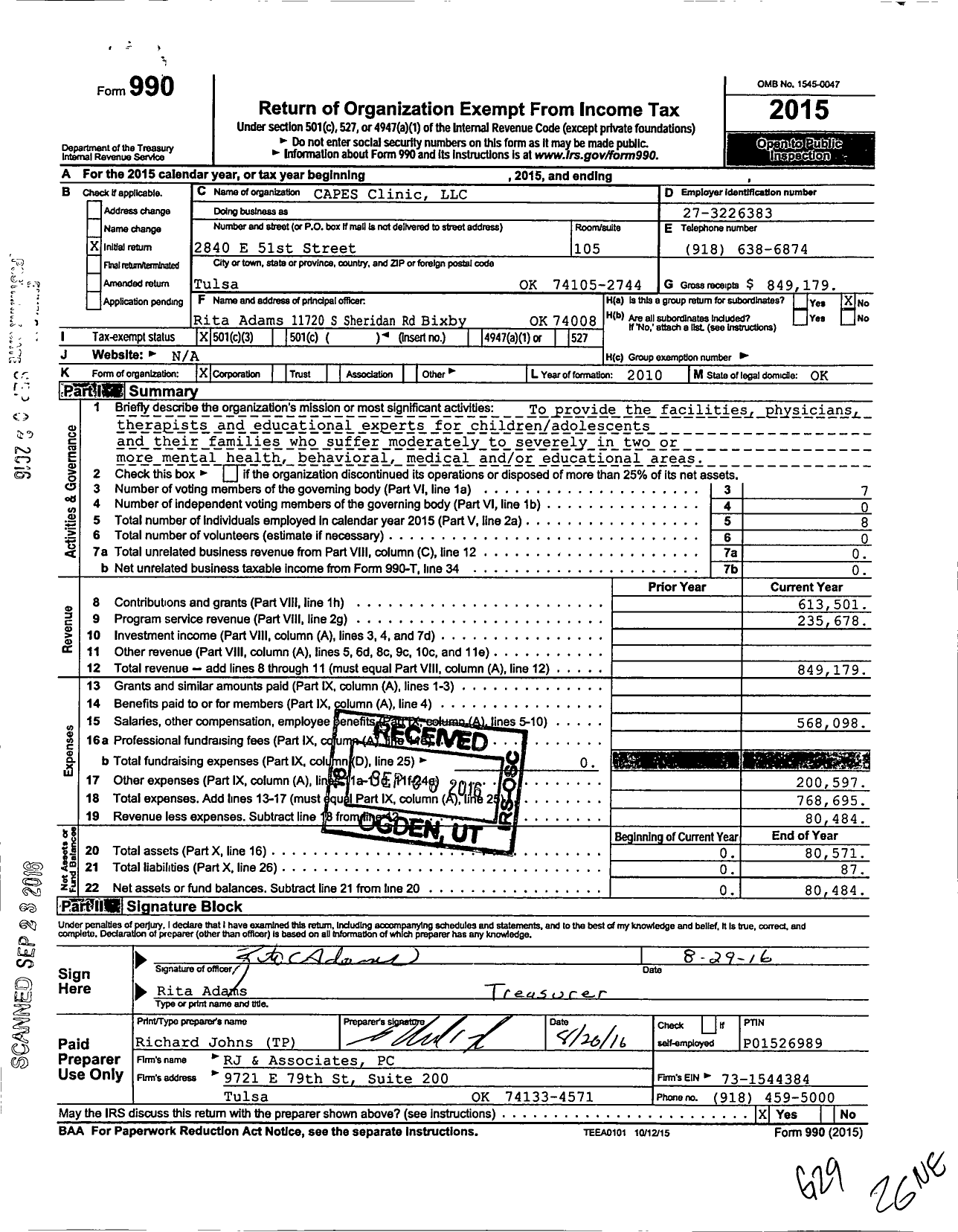 Image of first page of 2015 Form 990 for CAPES Clinic LLC