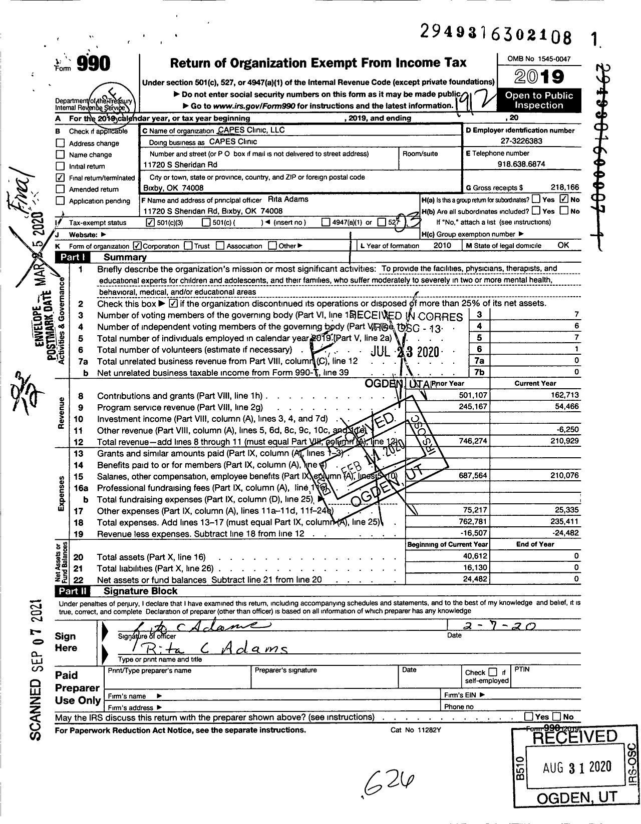 Image of first page of 2019 Form 990 for CAPES Clinic LLC