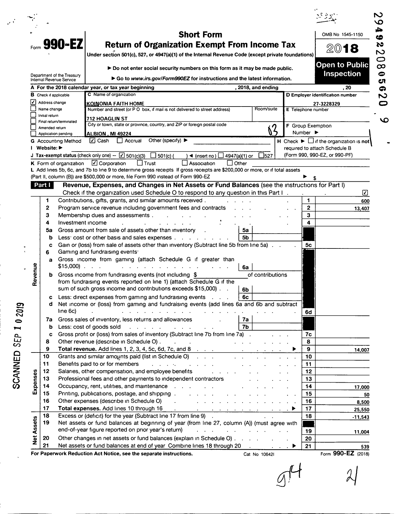 Image of first page of 2018 Form 990EZ for Koinonia Faith Home