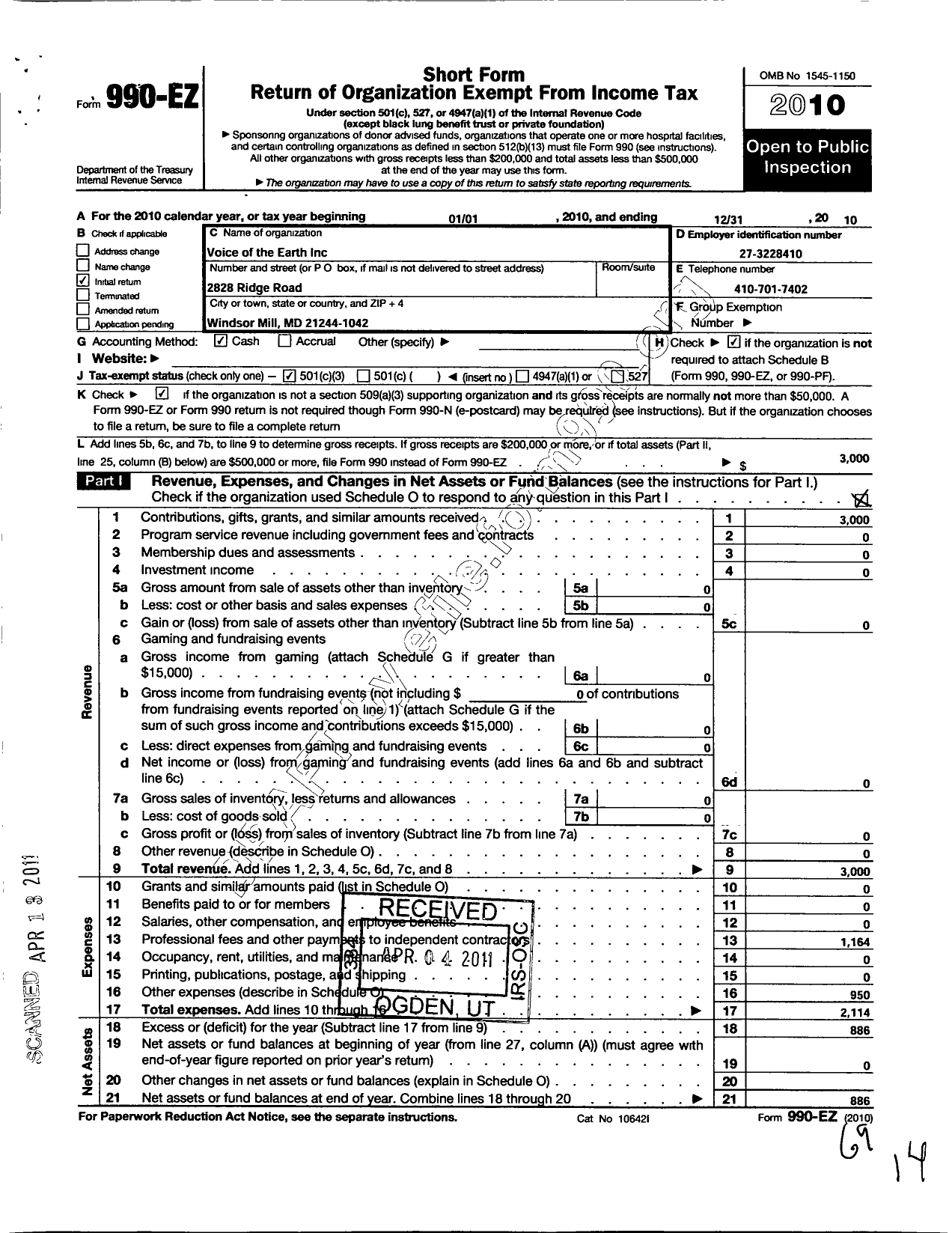 Image of first page of 2010 Form 990EZ for Voice of the Earth