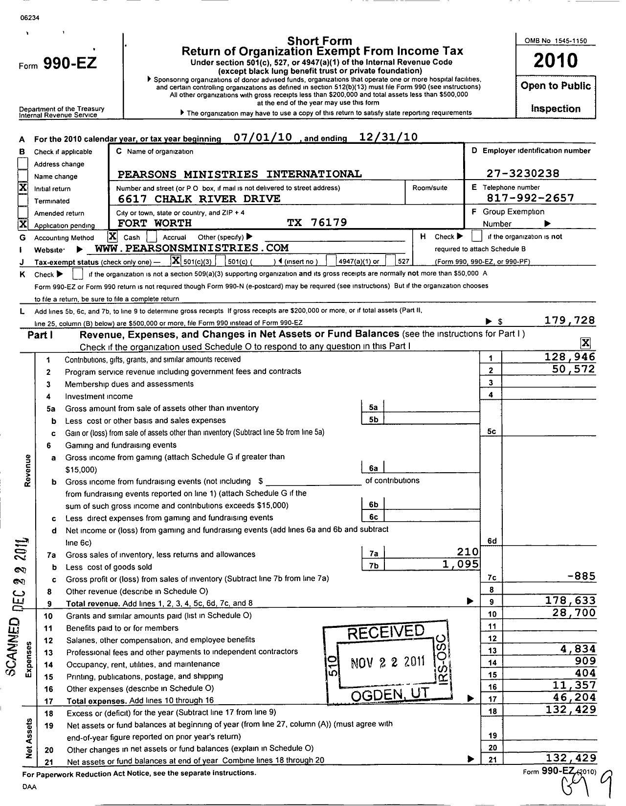 Image of first page of 2010 Form 990EZ for Pearsons Ministries International