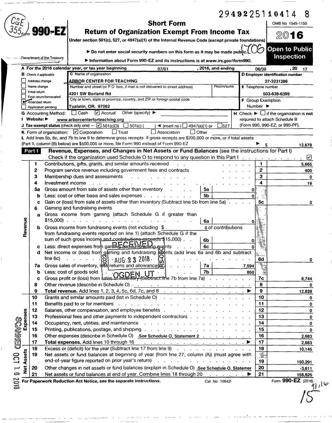 Image of first page of 2016 Form 990EZ for Arbor Center for Teaching