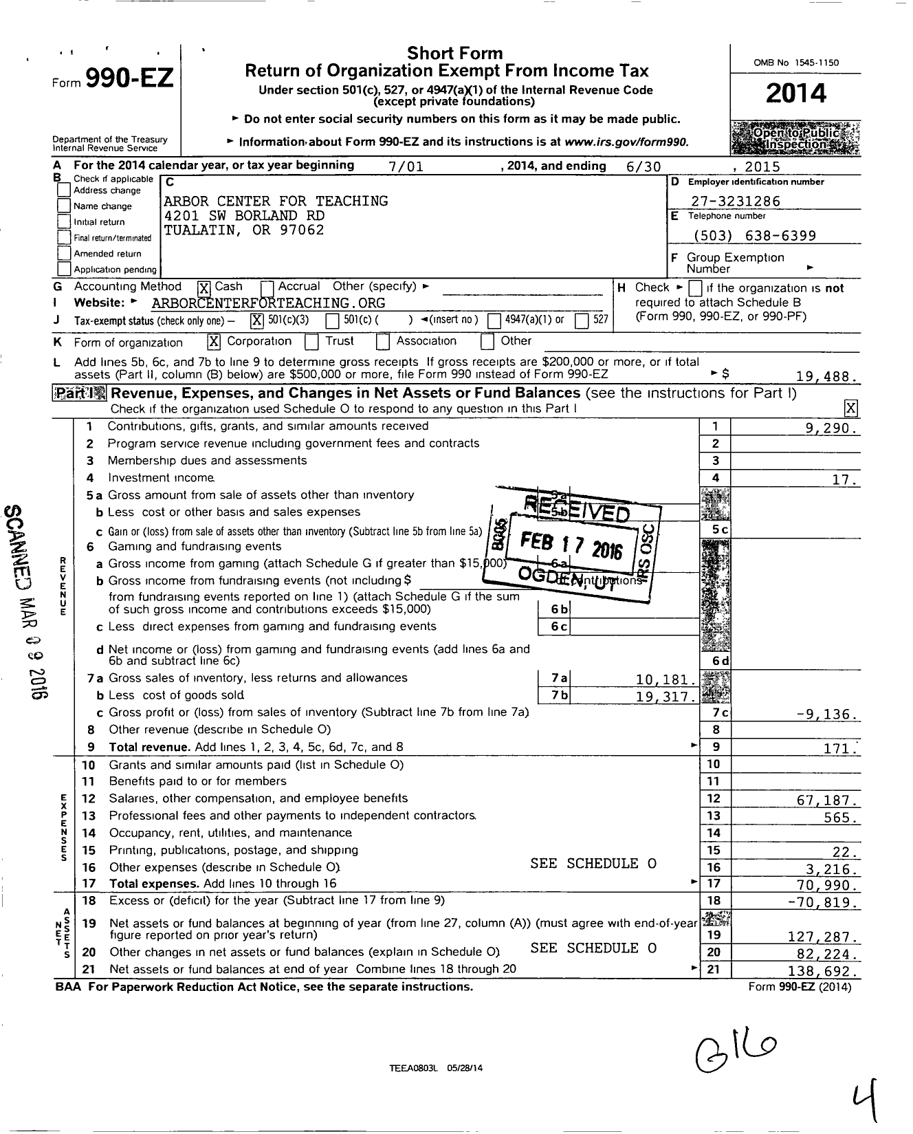 Image of first page of 2014 Form 990EZ for Arbor Center for Teaching