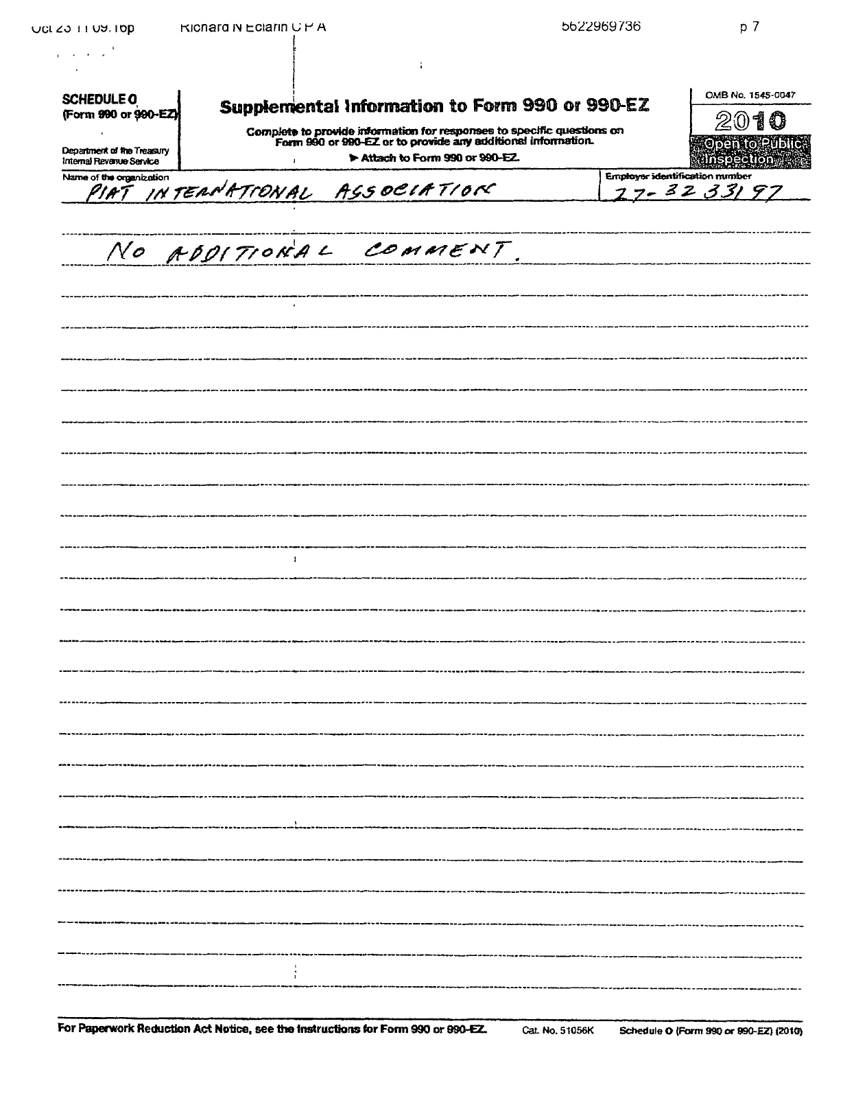 Image of first page of 2010 Form 990OR for Piat International Association