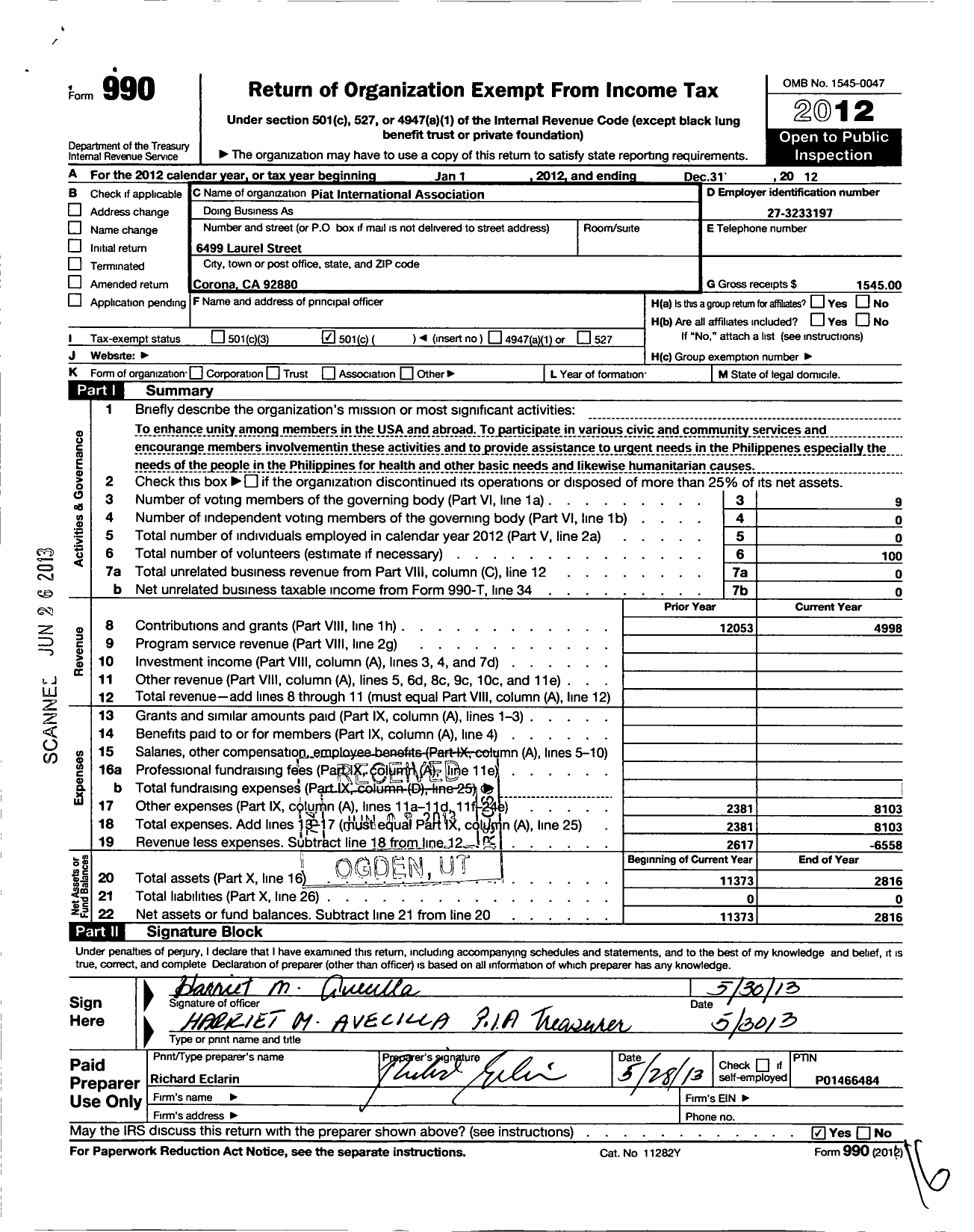 Image of first page of 2012 Form 990O for Piat International Association