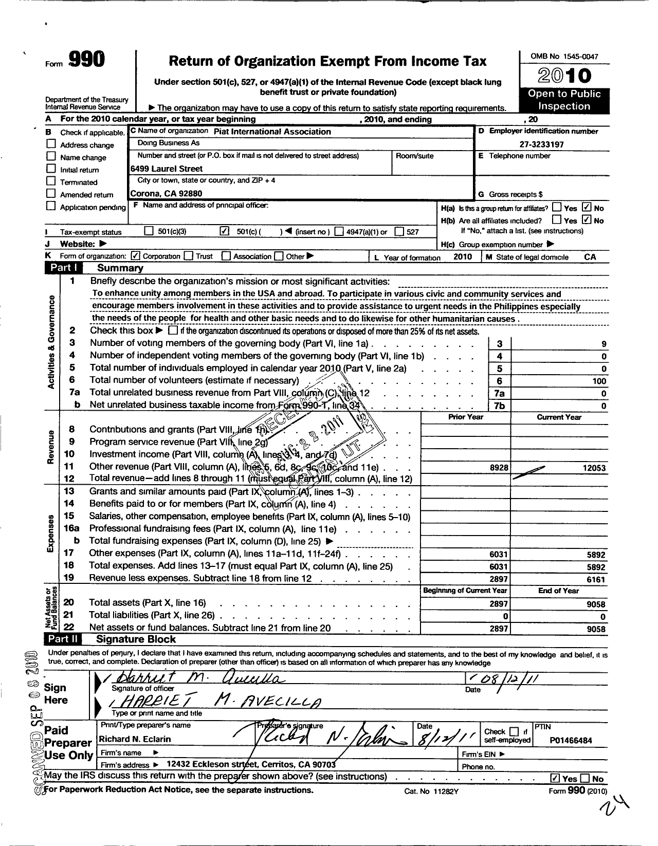 Image of first page of 2010 Form 990O for Piat International Association