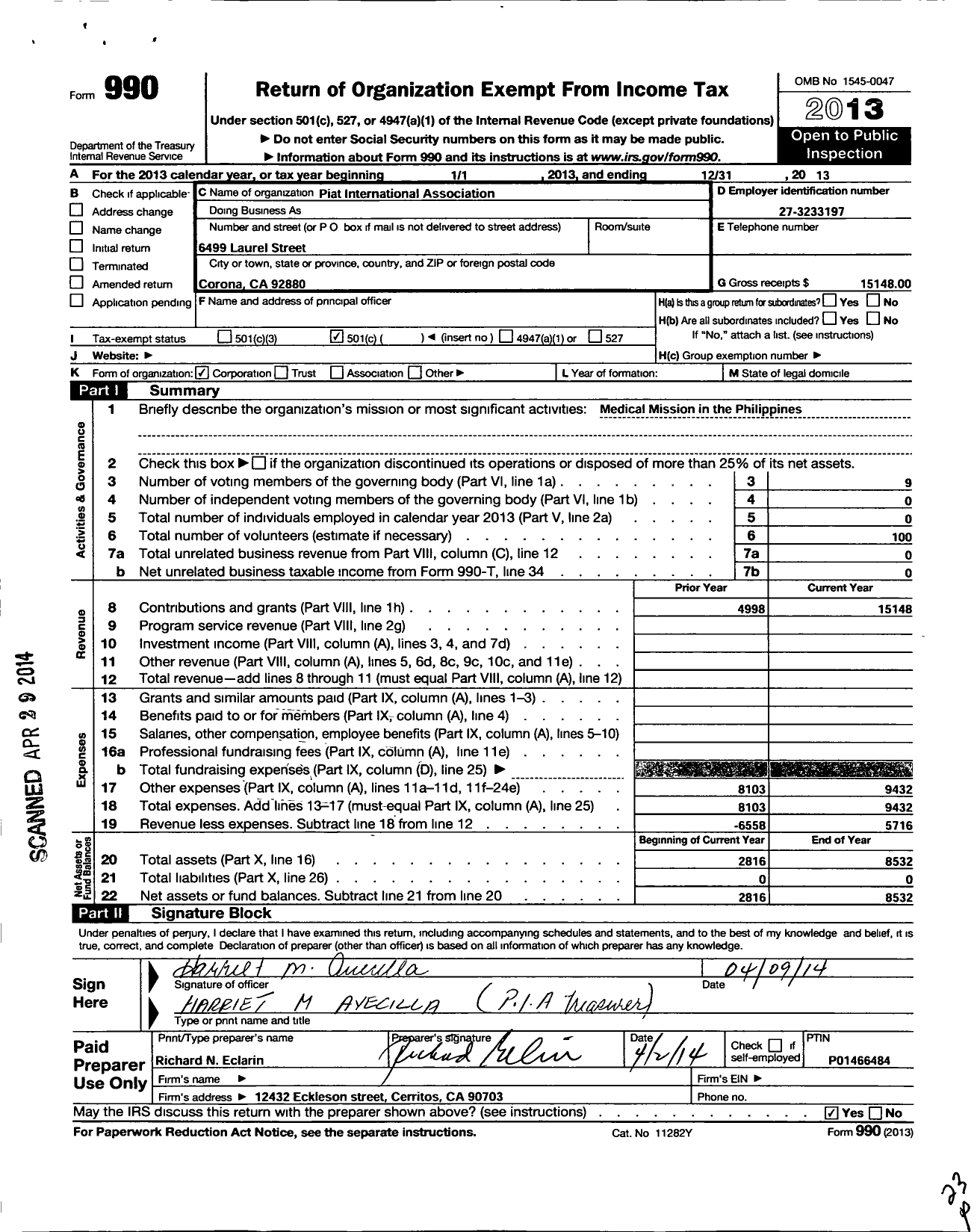 Image of first page of 2013 Form 990O for Piat International Association