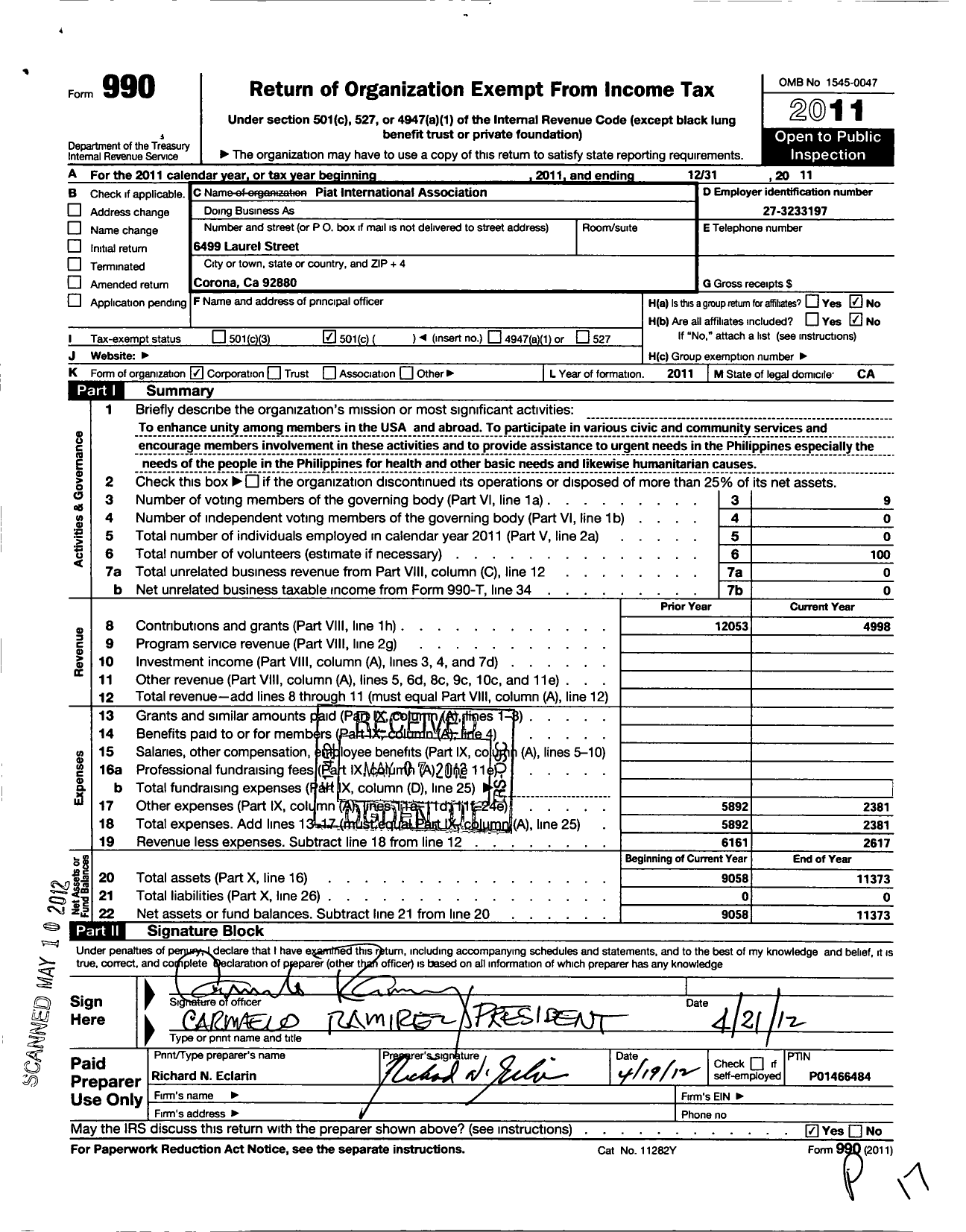 Image of first page of 2011 Form 990O for Piat International Association