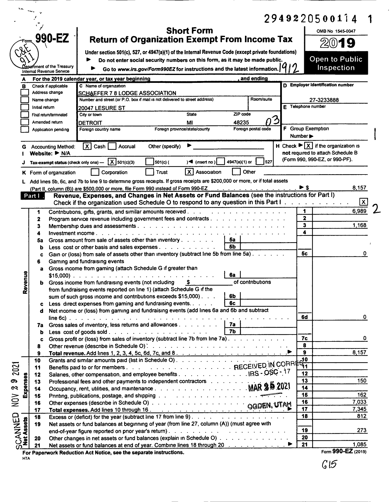 Image of first page of 2019 Form 990EZ for Schaefer 7 8 Lodge Association