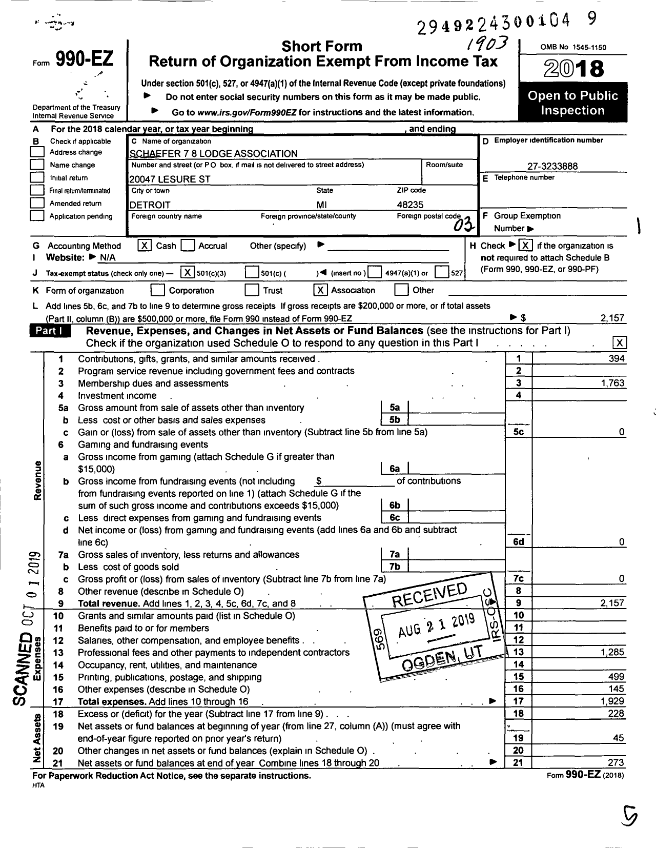 Image of first page of 2018 Form 990EZ for Schaefer 7 8 Lodge Association