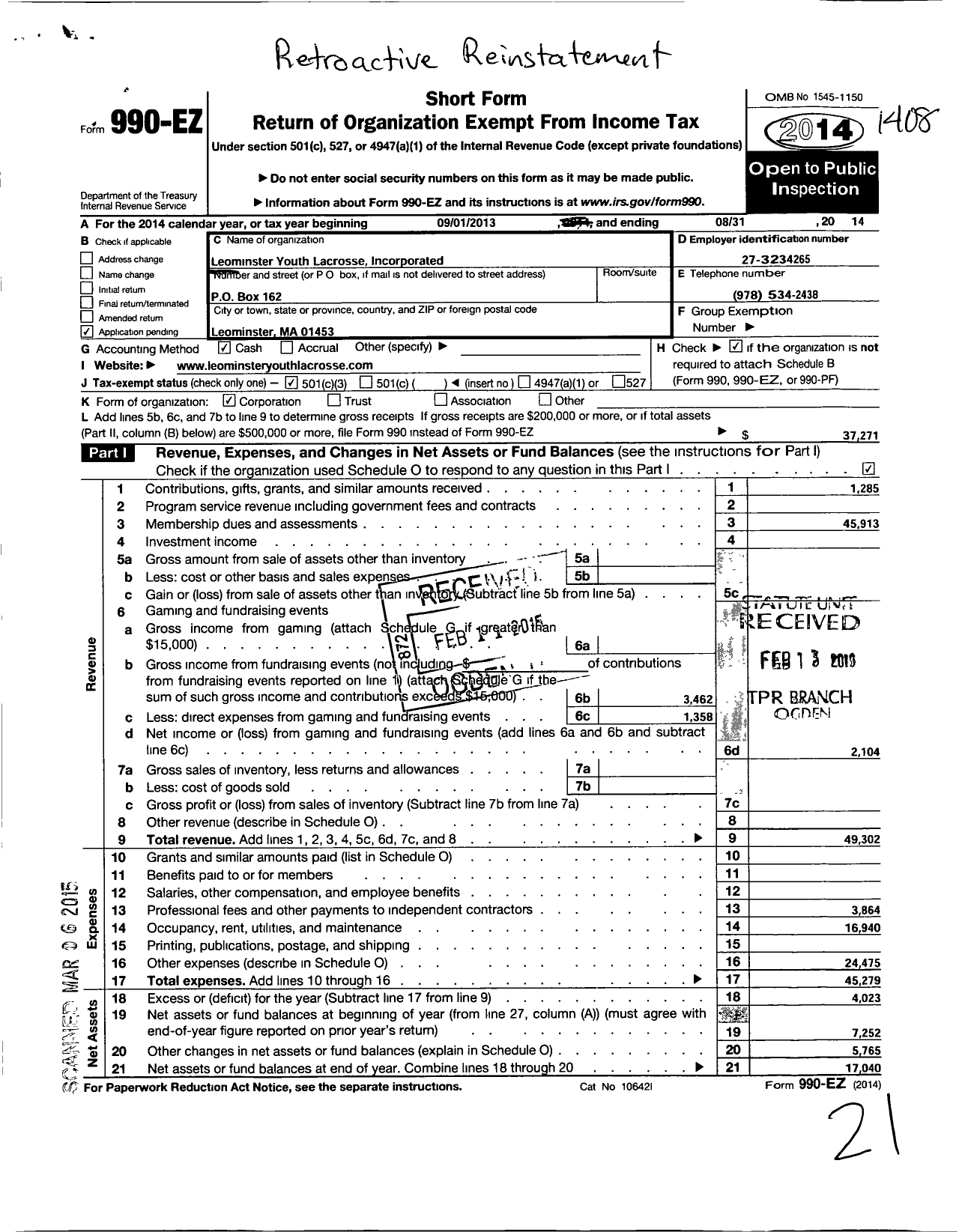 Image of first page of 2013 Form 990EZ for Leominster Youth Lacrosse Incorporated (LYL)