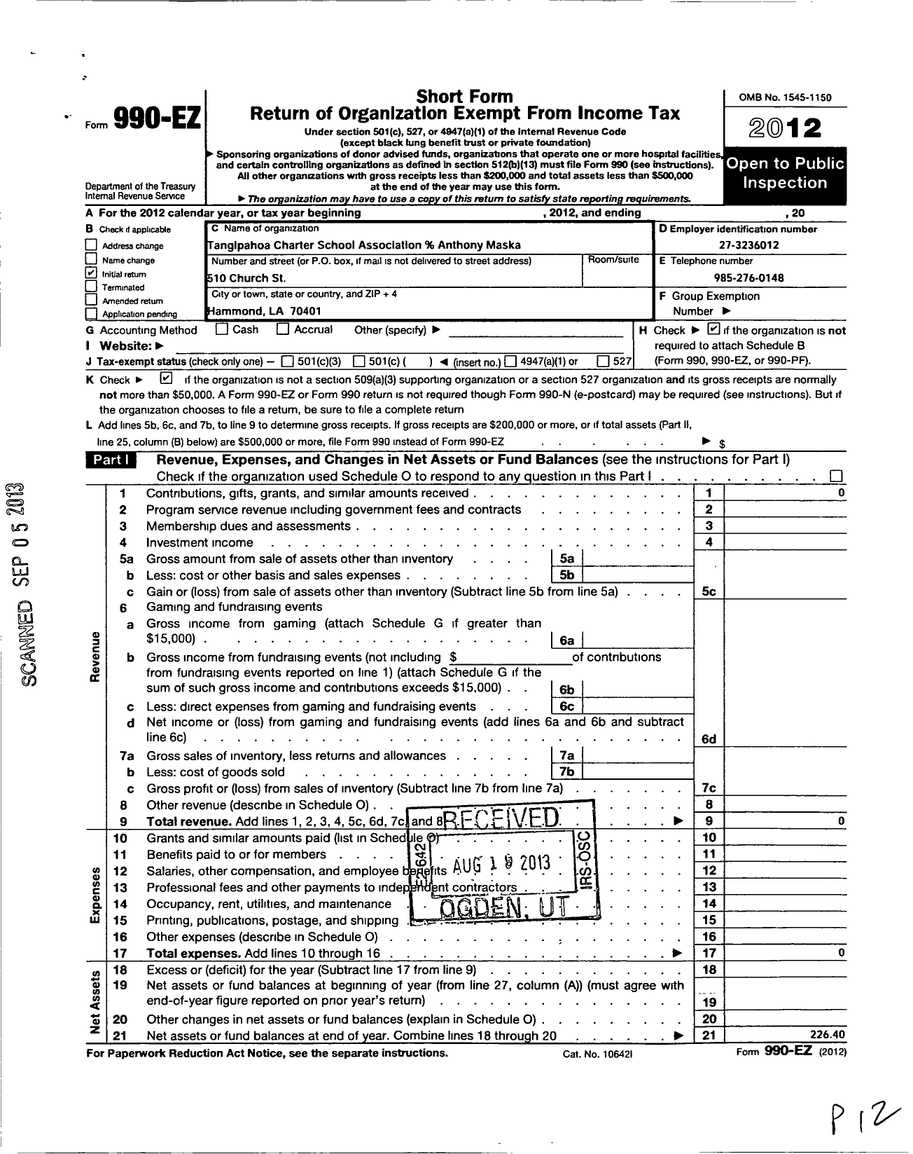 Image of first page of 2012 Form 990EO for Tangipahoa Charter School Association I
