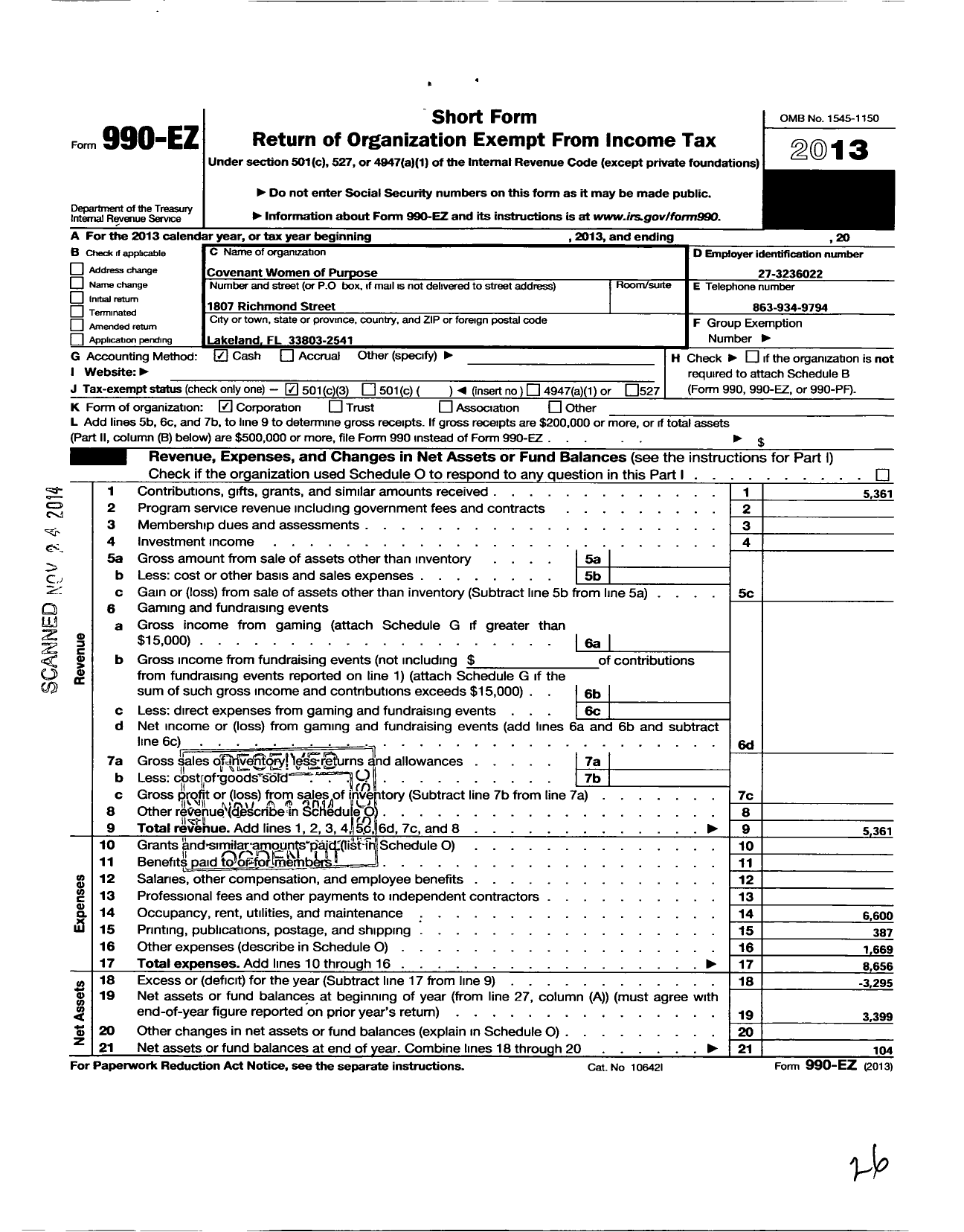 Image of first page of 2013 Form 990EZ for Covenant Women of Purpose