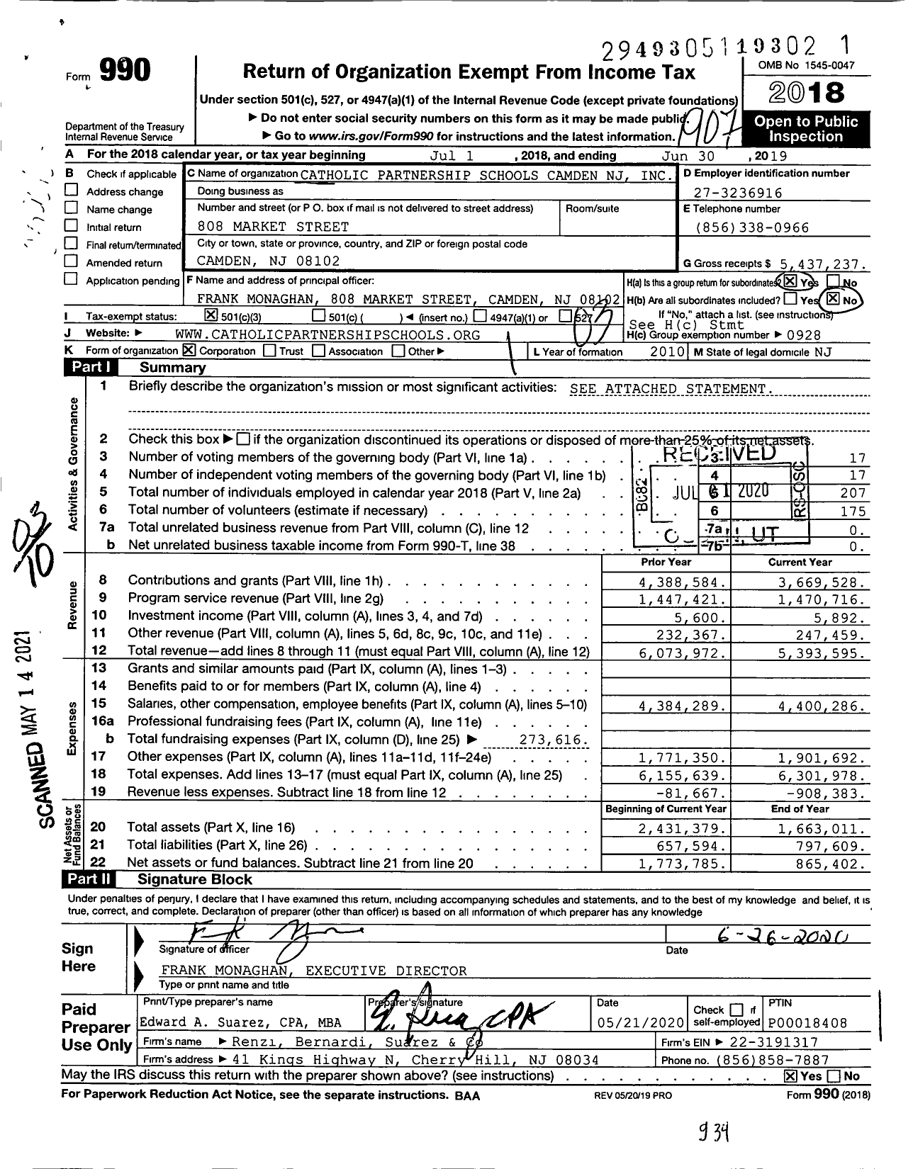 Image of first page of 2018 Form 990 for Catholic Partnership Schools of Camden