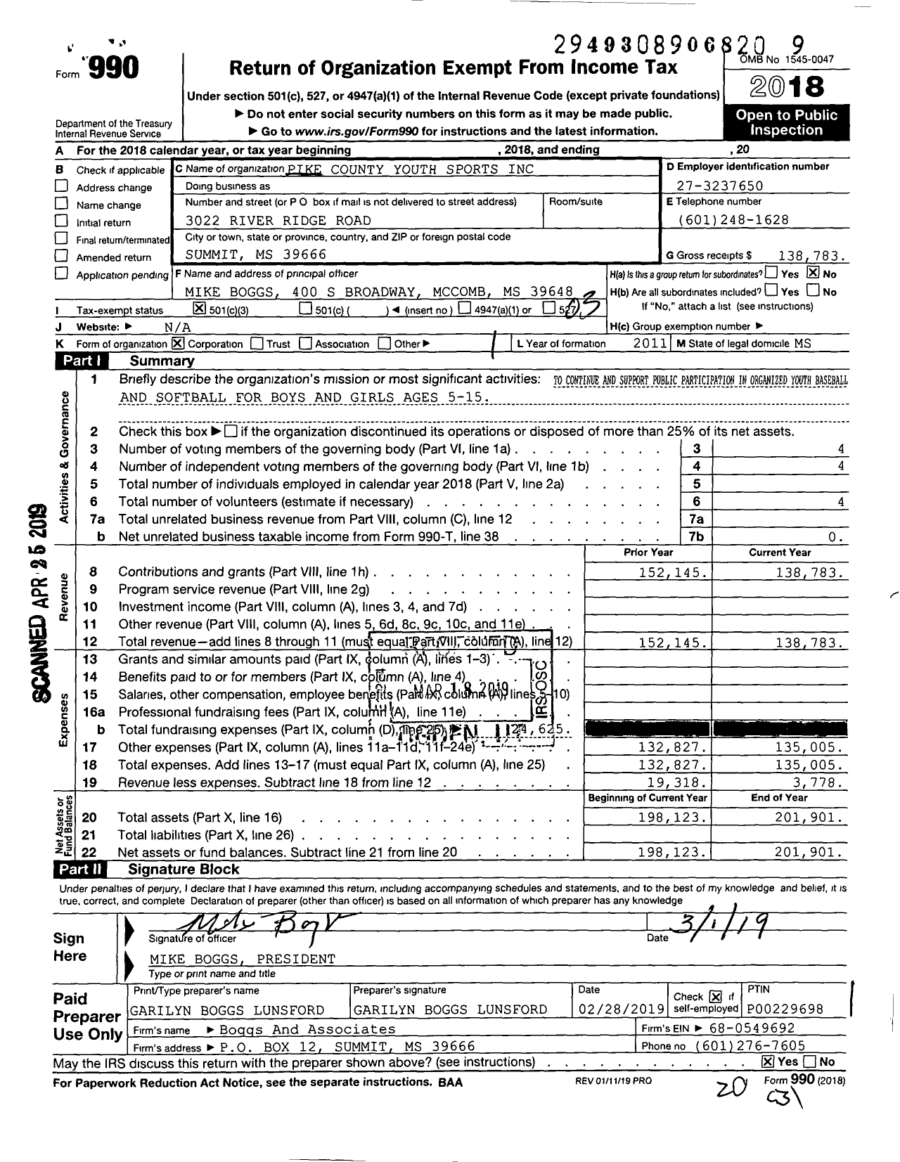 Image of first page of 2018 Form 990 for Pike County Youth Sports