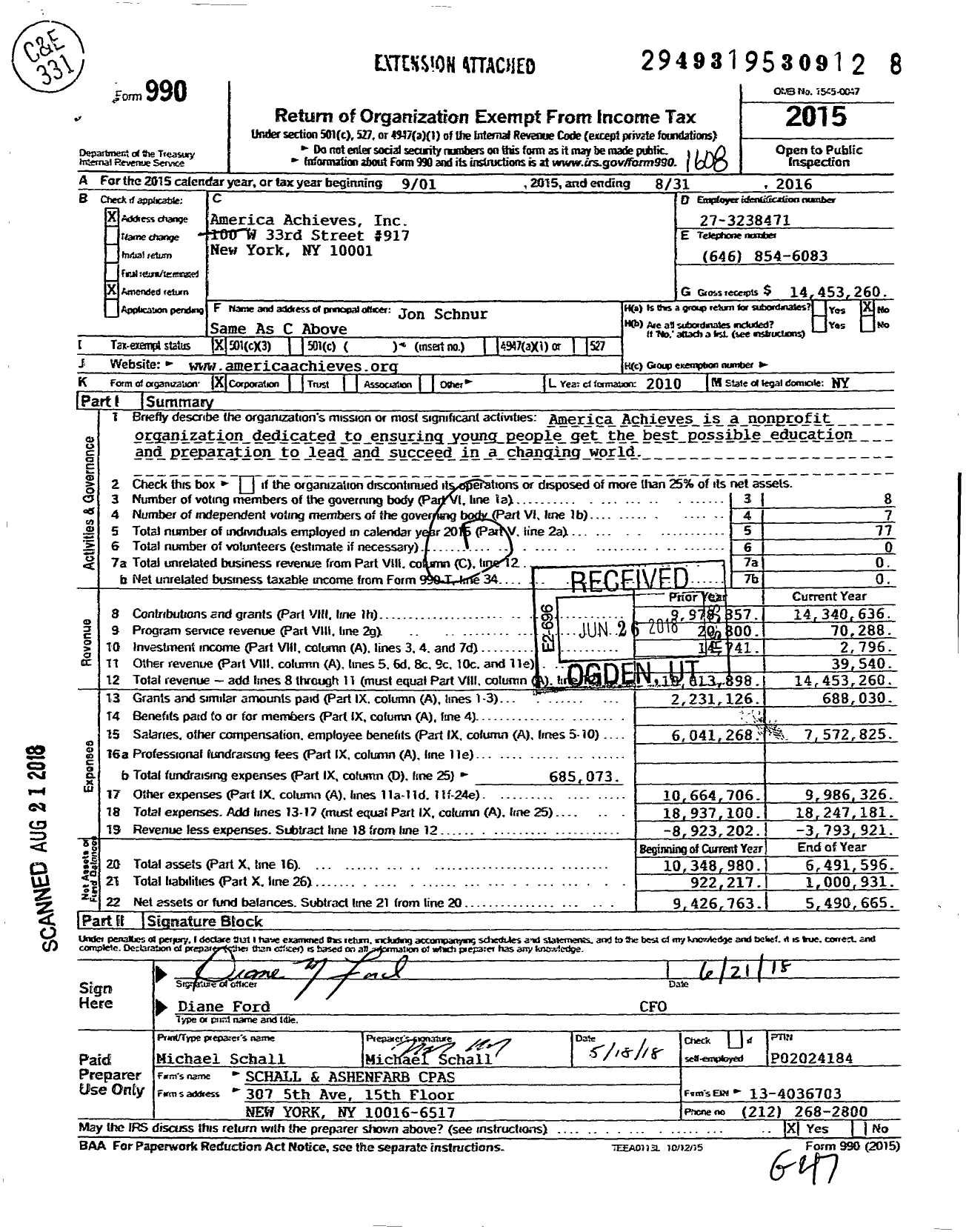 Image of first page of 2015 Form 990 for America Achieves