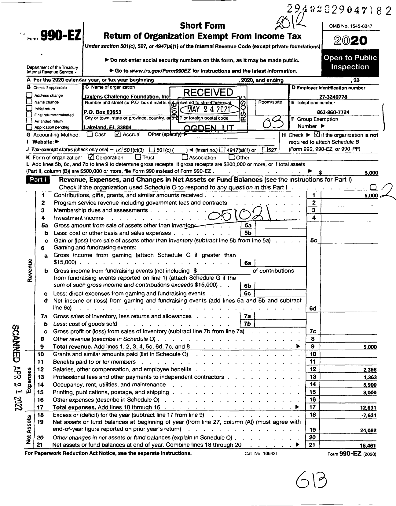 Image of first page of 2020 Form 990EZ for Jaylens Challenge Foundation