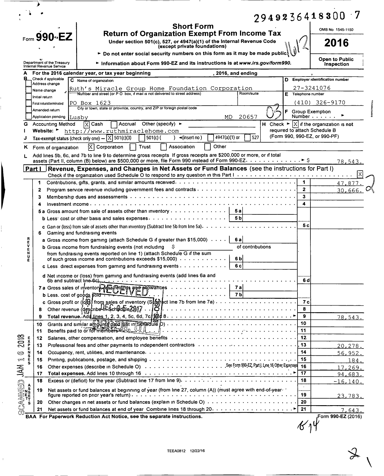 Image of first page of 2016 Form 990EZ for Ruth's Miracle Group Home Foundation