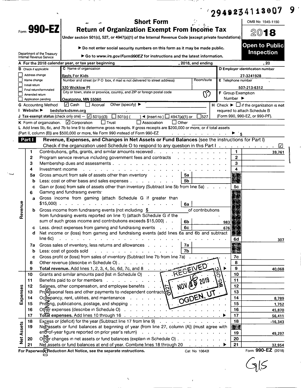 Image of first page of 2018 Form 990EZ for Beds for Kids