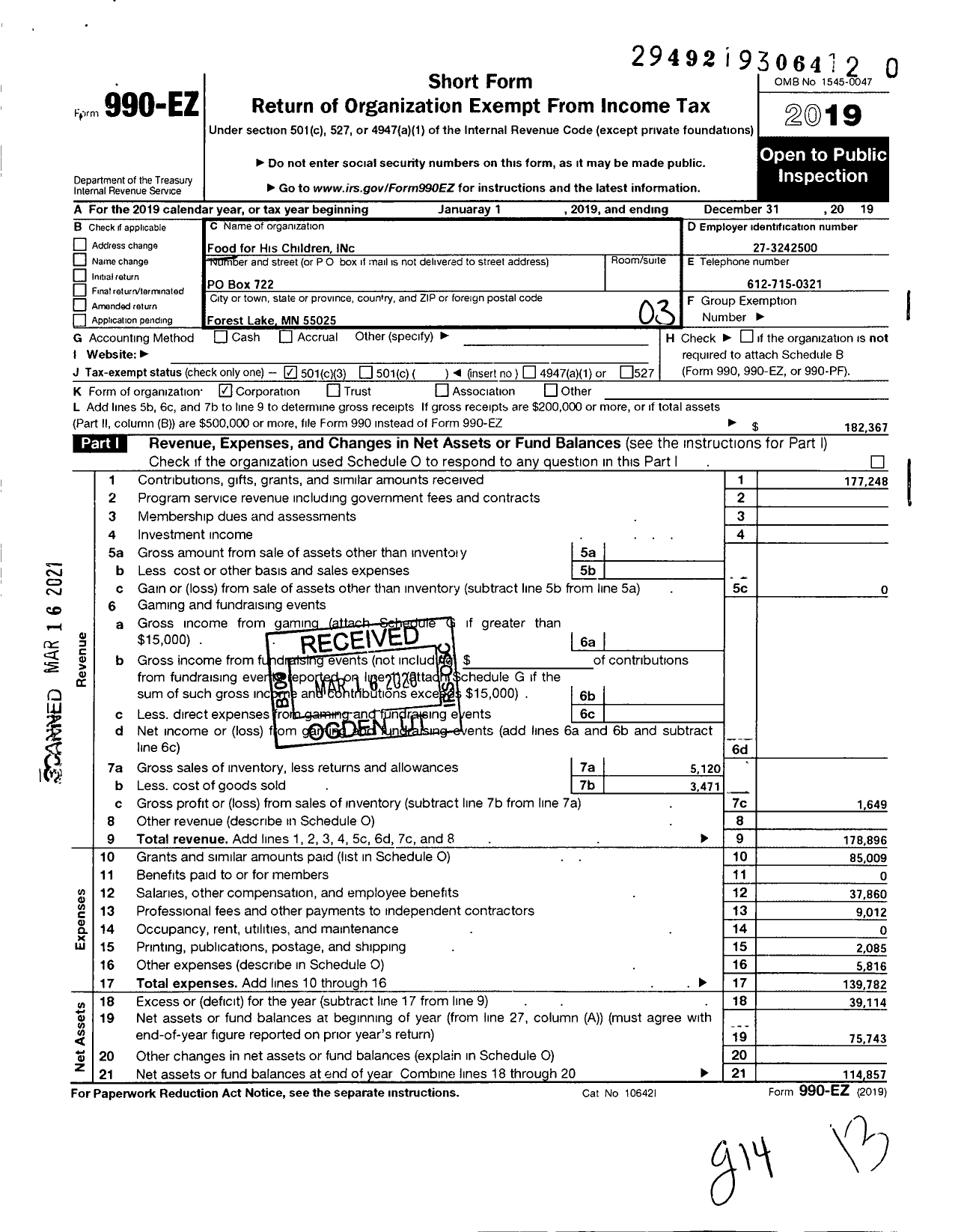 Image of first page of 2019 Form 990EZ for Food For His Children