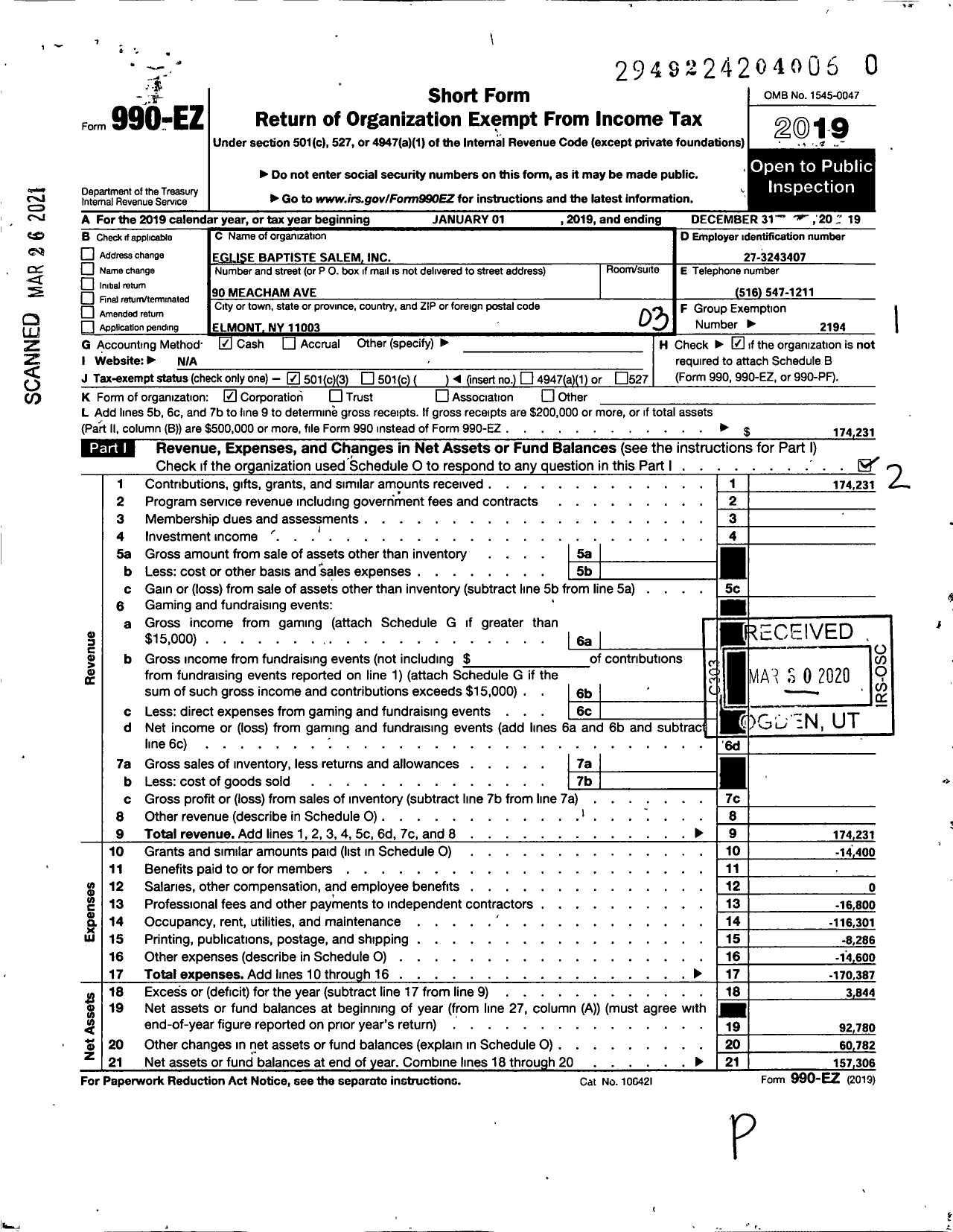 Image of first page of 2019 Form 990EZ for Eglise Baptiste Salem