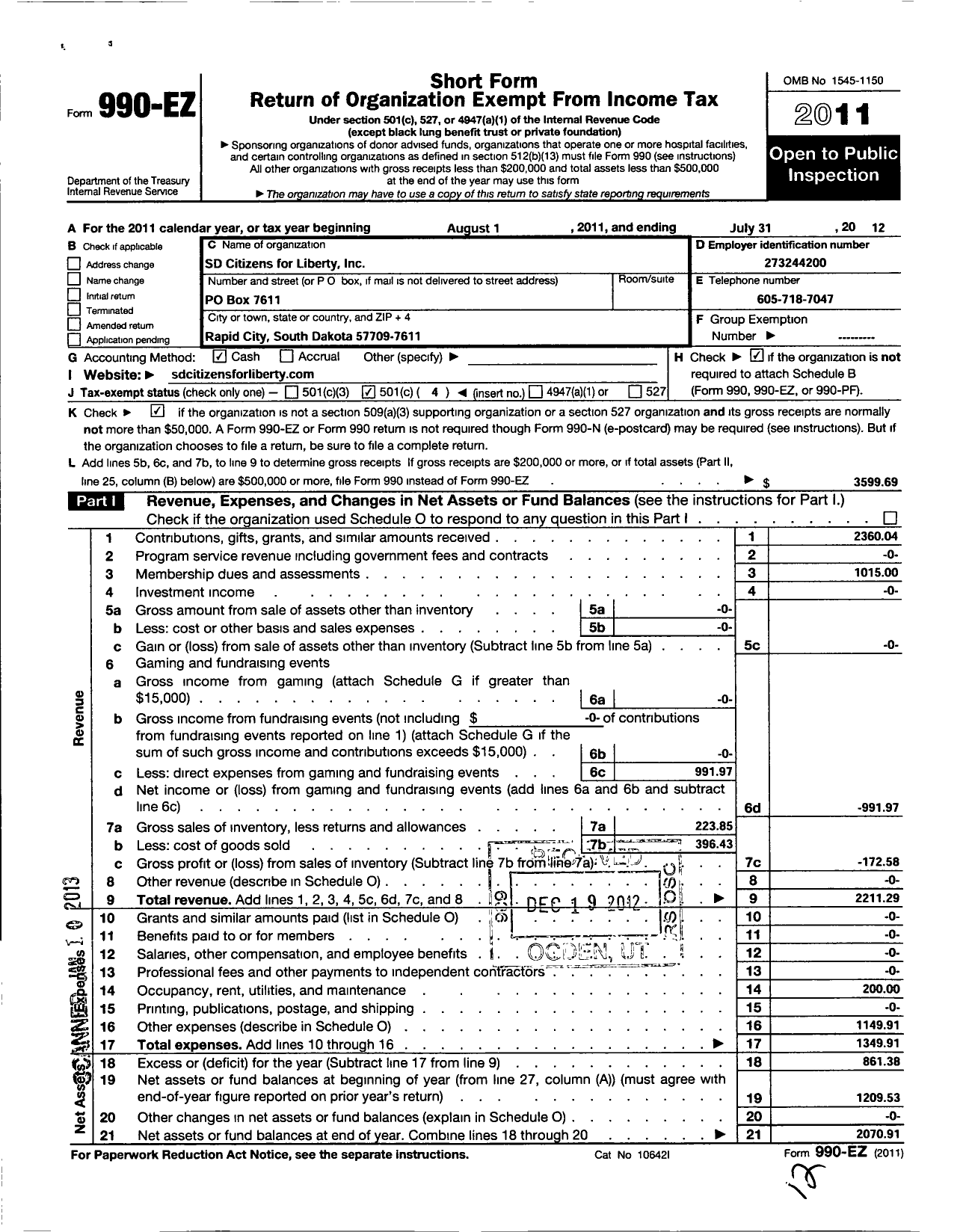 Image of first page of 2011 Form 990EO for SD Citizens for Liberty Supporting Organization for Liberty for Citizens