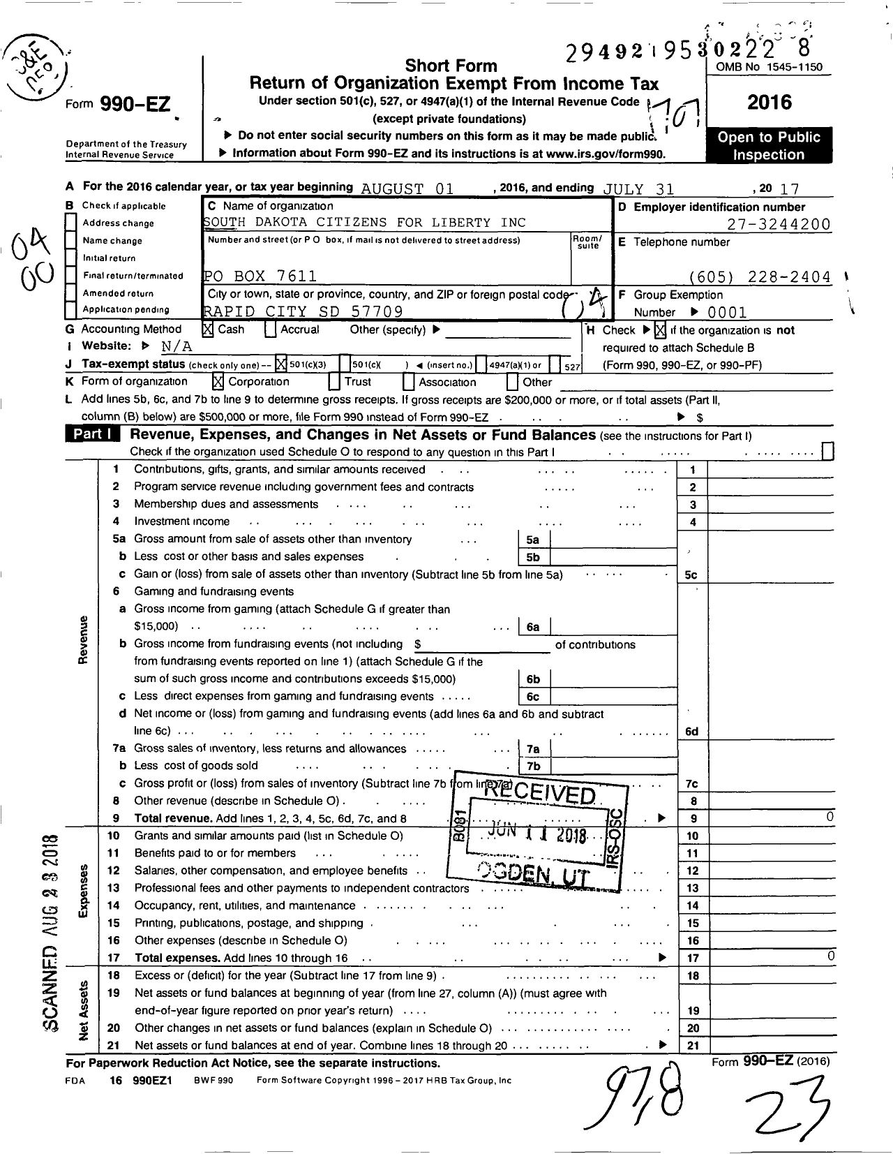 Image of first page of 2016 Form 990EO for SD Citizens for Liberty Supporting Organization for Liberty for Citizens