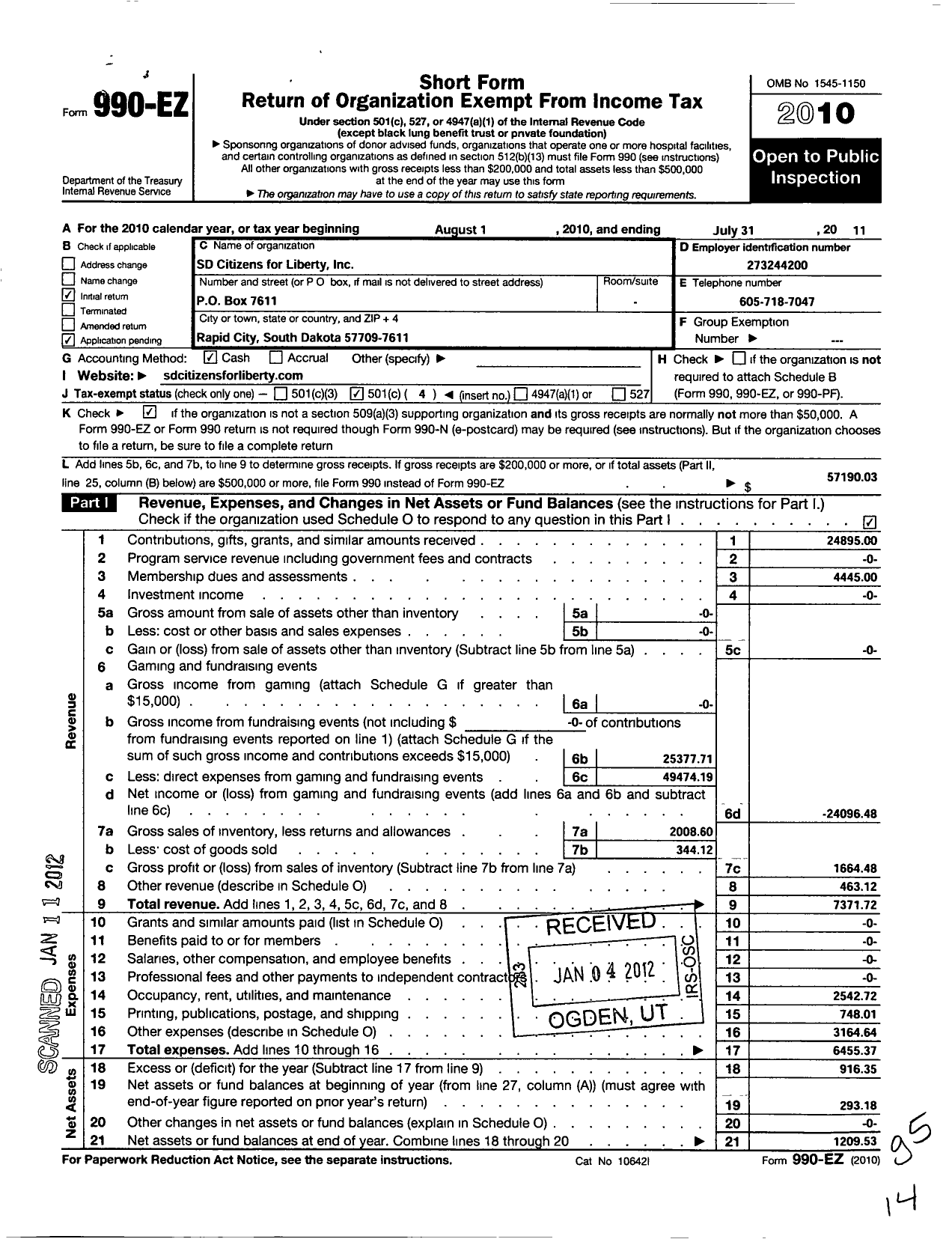 Image of first page of 2010 Form 990EO for SD Citizens for Liberty Supporting Organization for Liberty for Citizens