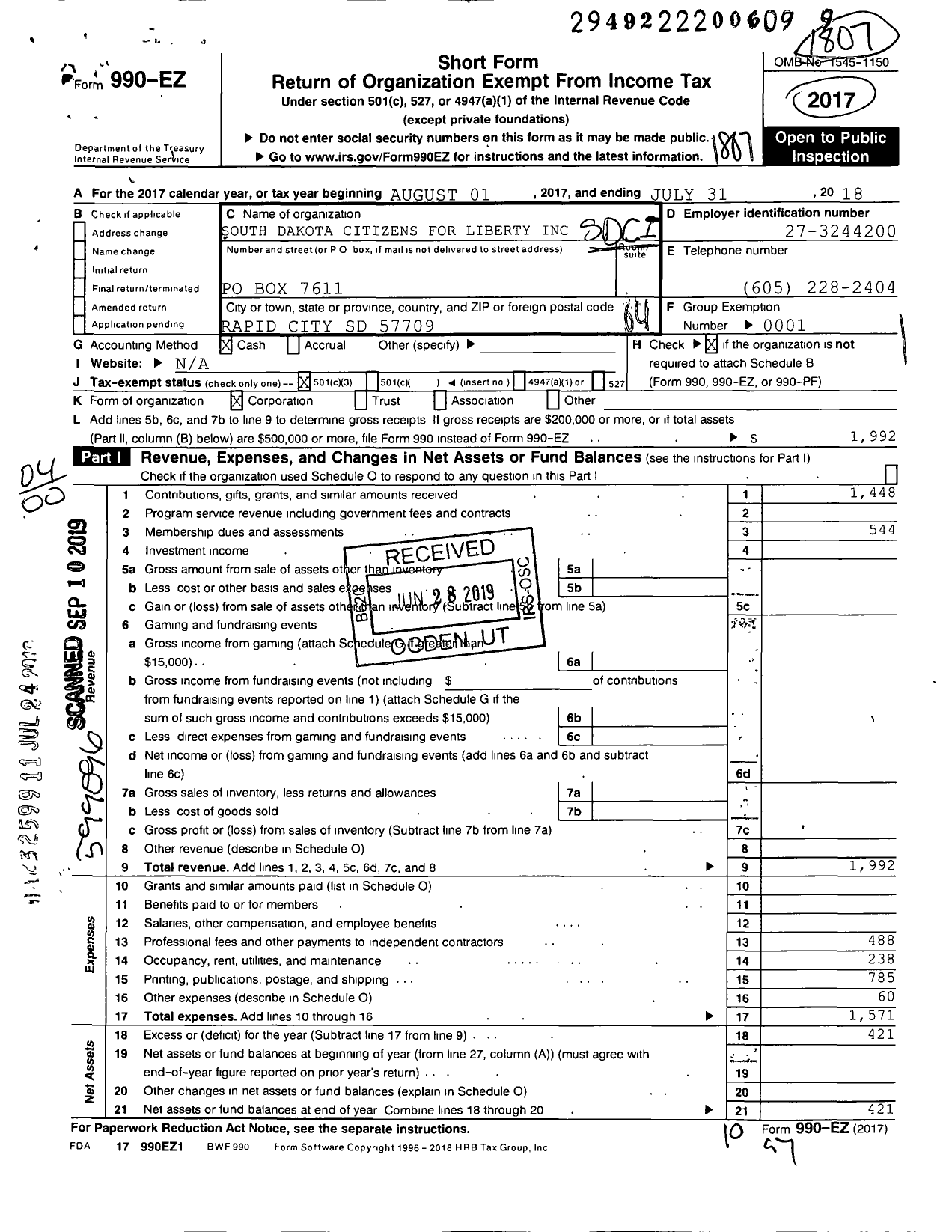 Image of first page of 2017 Form 990EO for SD Citizens for Liberty Supporting Organization for Liberty for Citizens