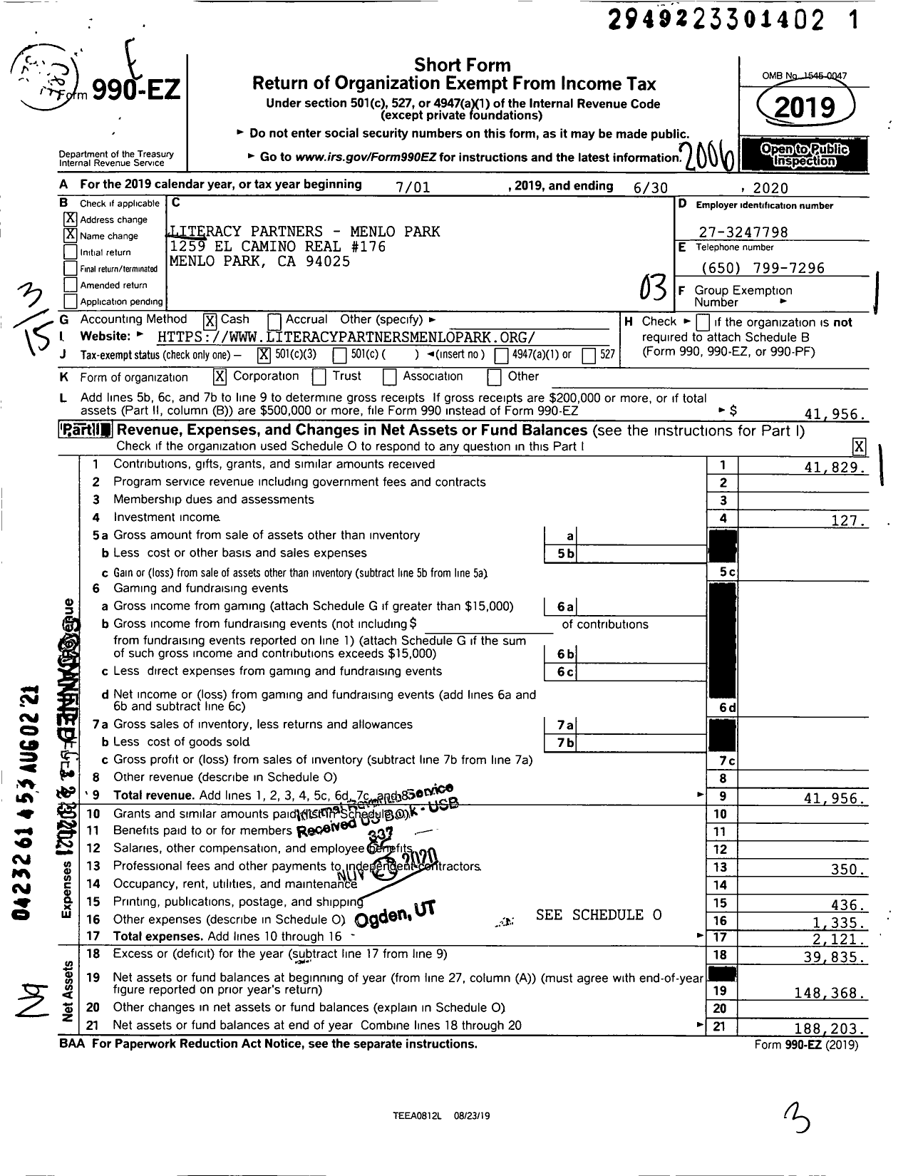 Image of first page of 2019 Form 990EZ for Literacy Partners Menlo Park