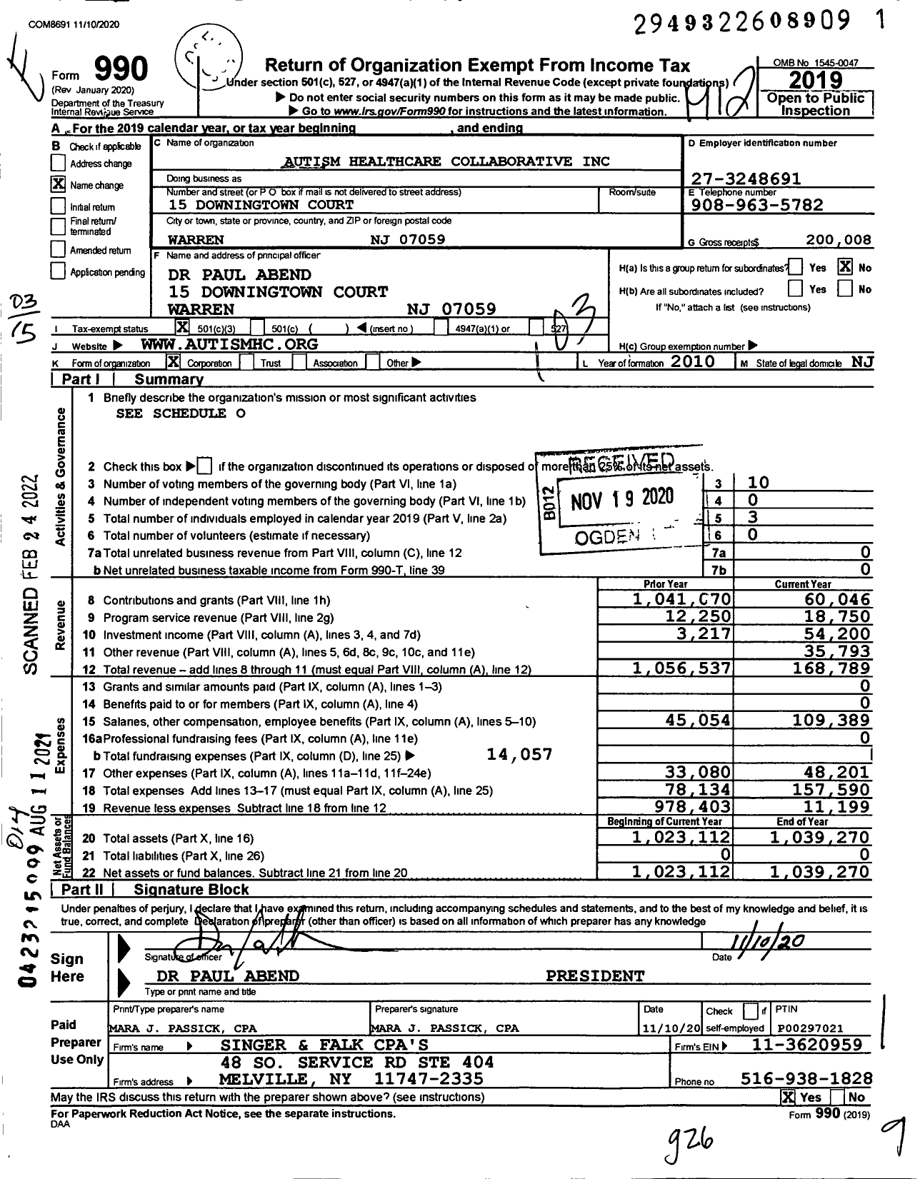 Image of first page of 2019 Form 990 for Autism Healthcare Collaborative