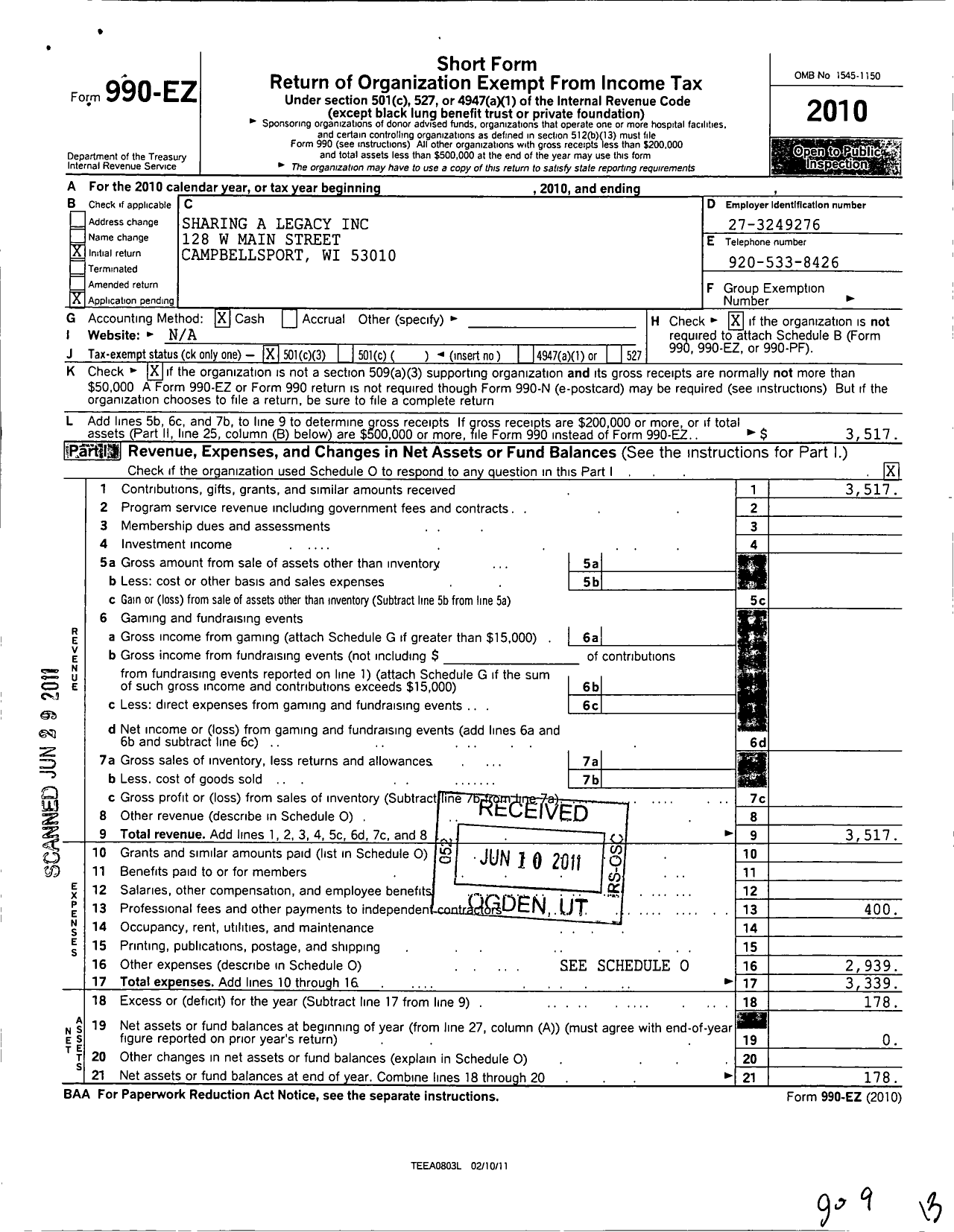 Image of first page of 2010 Form 990EZ for Sharing A Legacy David Wright
