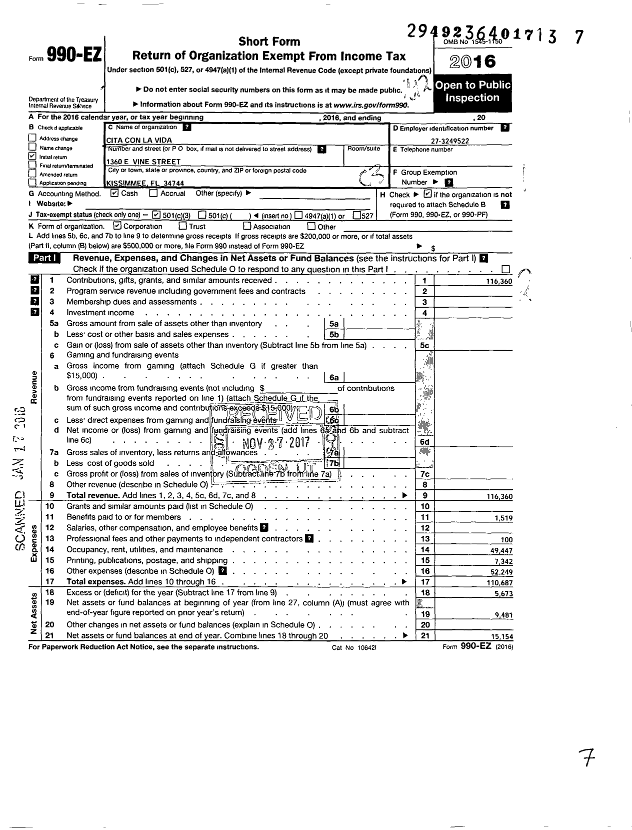 Image of first page of 2016 Form 990EZ for Cita Con La Vida