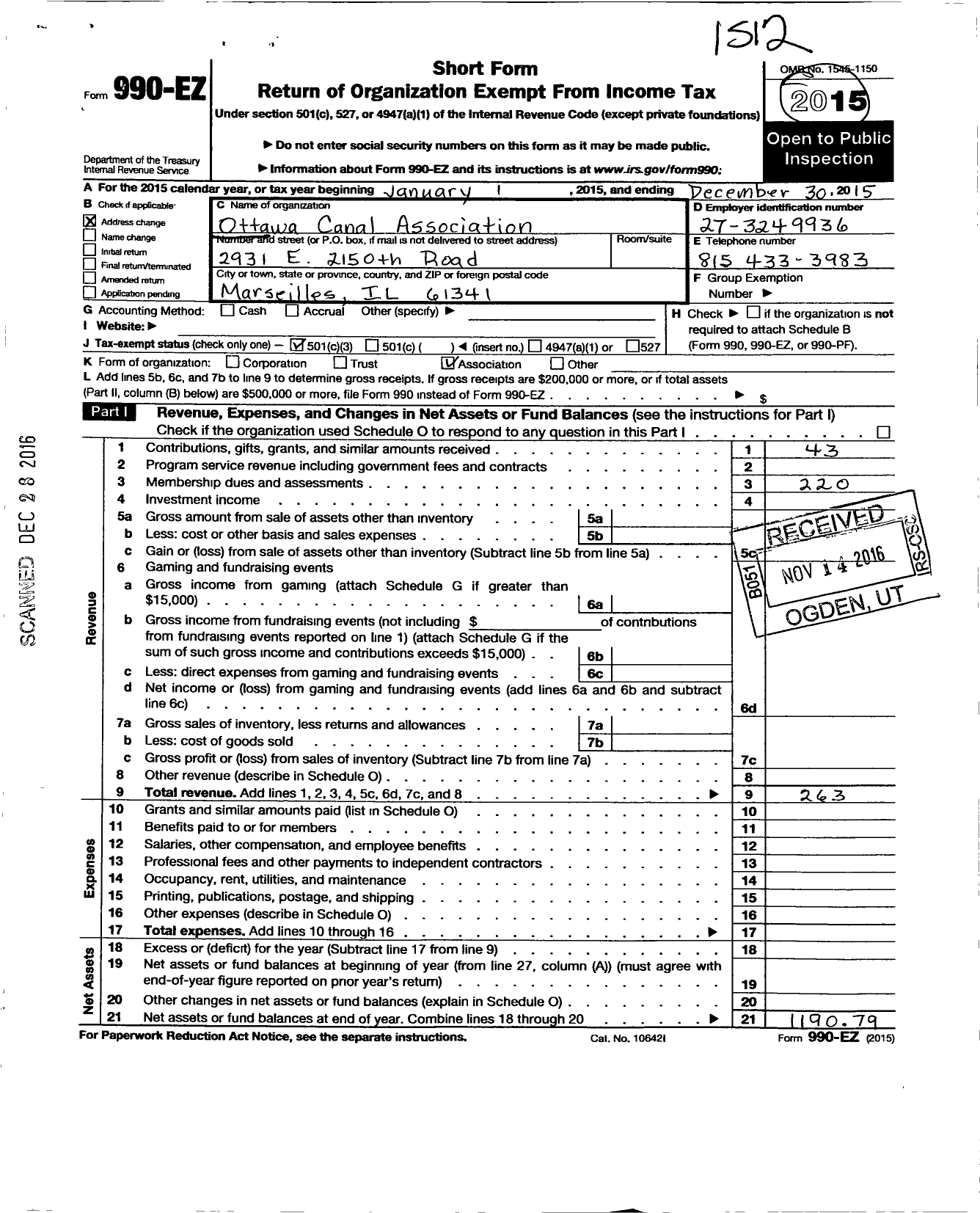 Image of first page of 2015 Form 990EZ for Ottawa Canal Association