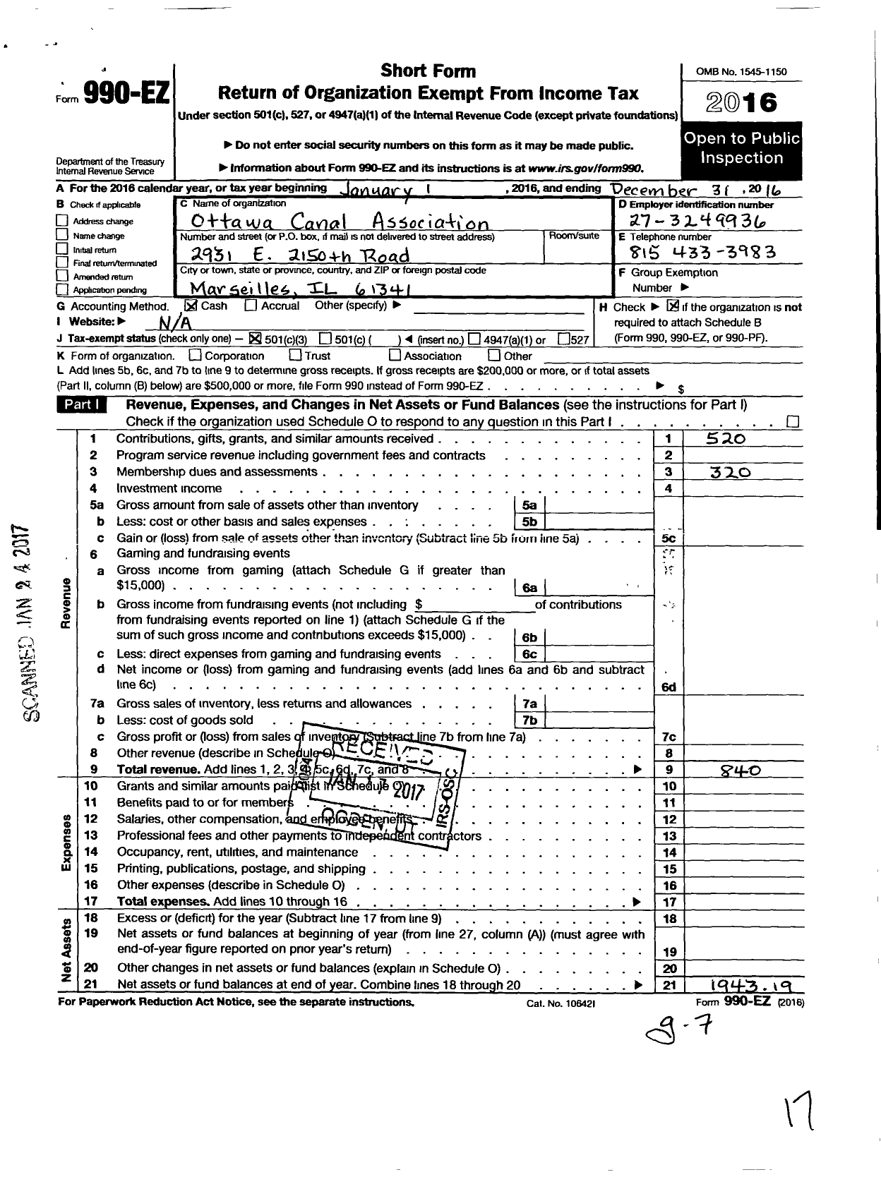 Image of first page of 2016 Form 990EZ for Ottawa Canal Association