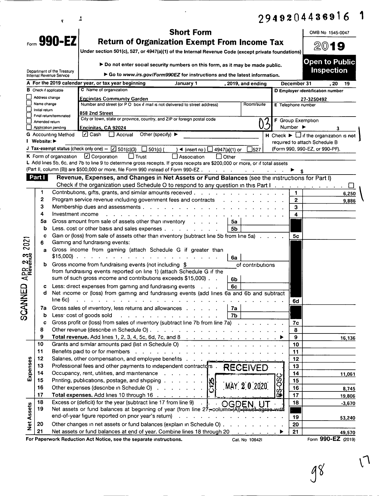 Image of first page of 2019 Form 990EZ for Encinitas Community Garden
