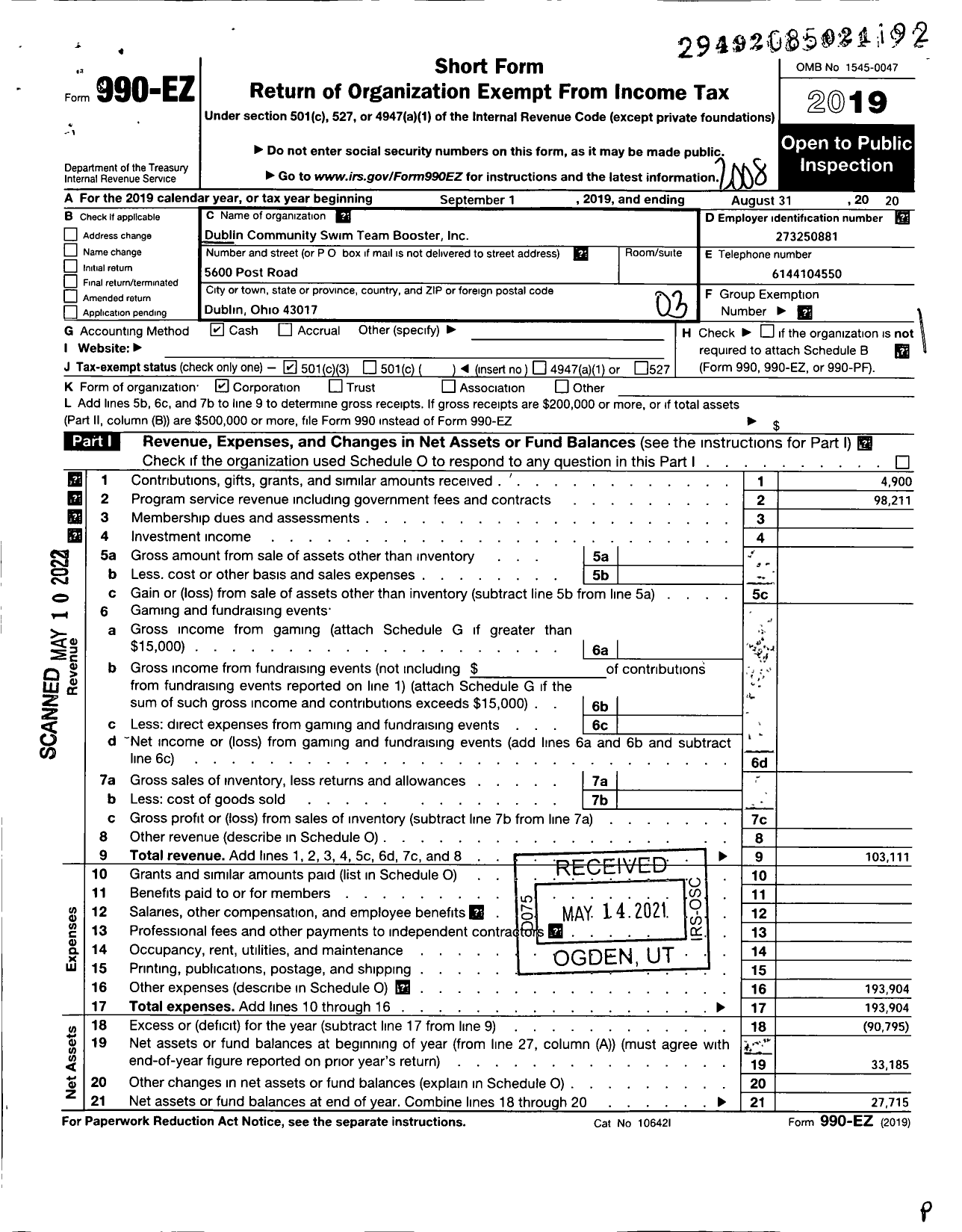 Image of first page of 2019 Form 990EZ for Dublin Community Swim Team Boosters