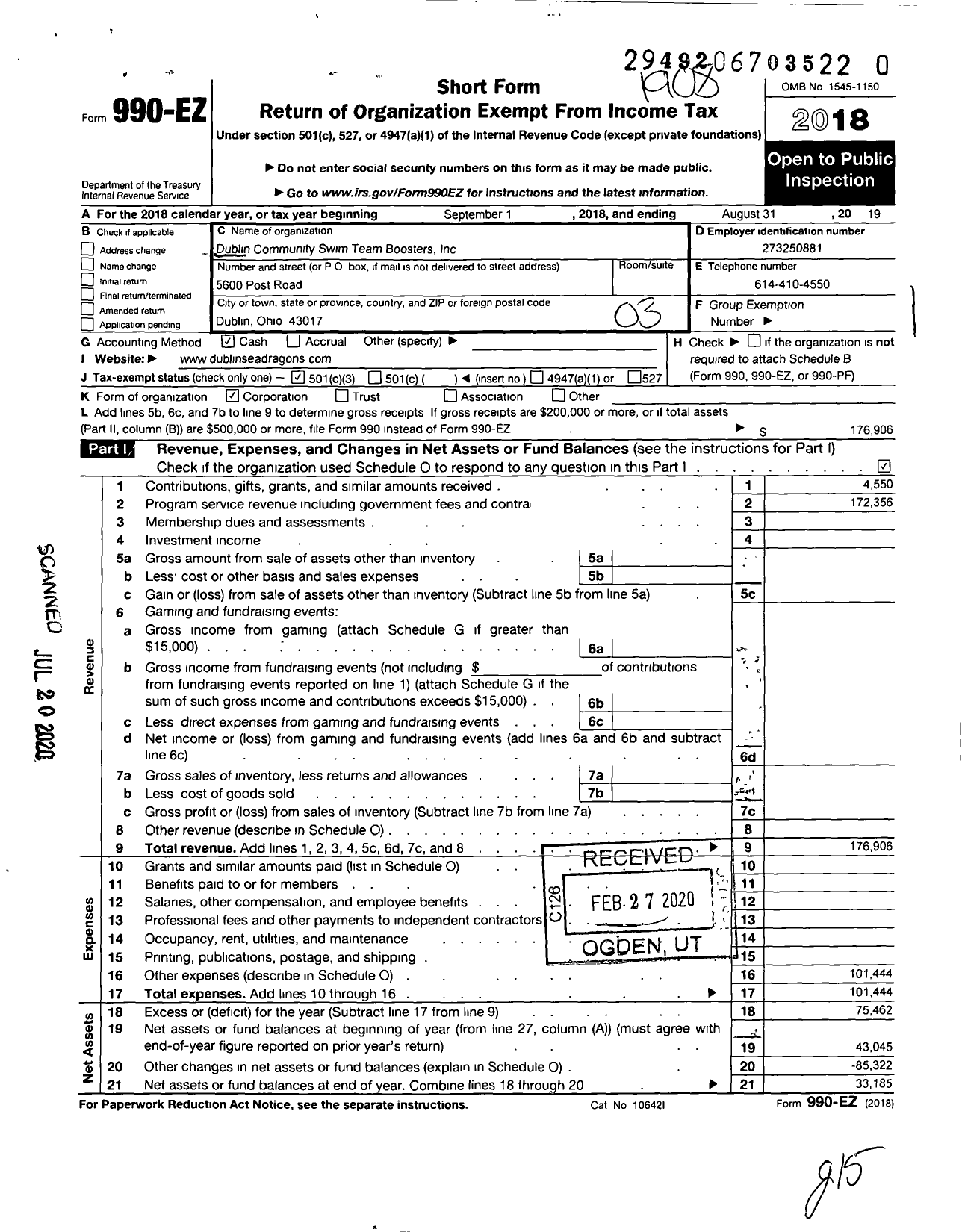 Image of first page of 2018 Form 990EZ for Dublin Community Swim Team Boosters