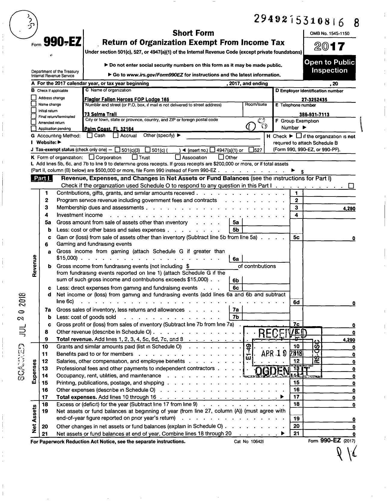 Image of first page of 2017 Form 990EO for Fraternal Order of Police - 165 Flagler Fallen Heroes