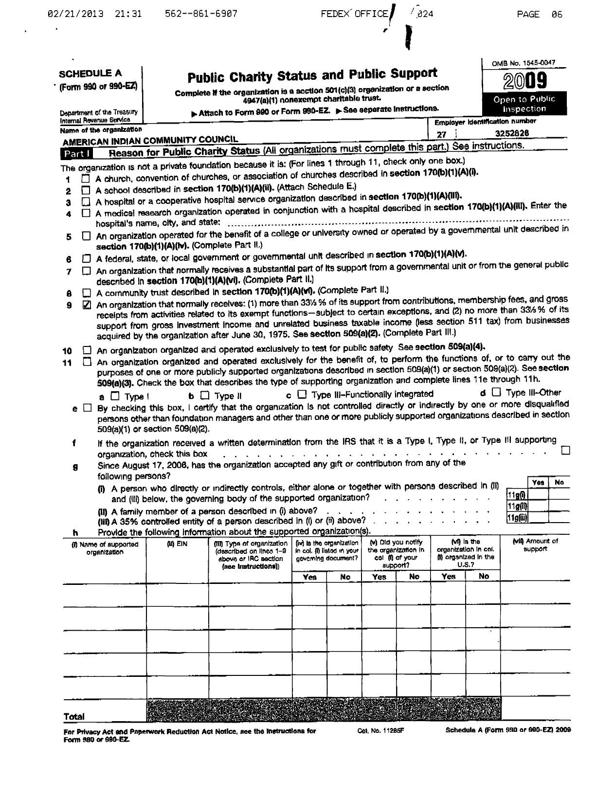 Image of first page of 2009 Form 990ER for American Indian Community Council